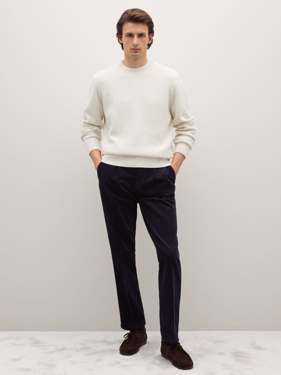 Blue regular fit cotton blend trousers_0