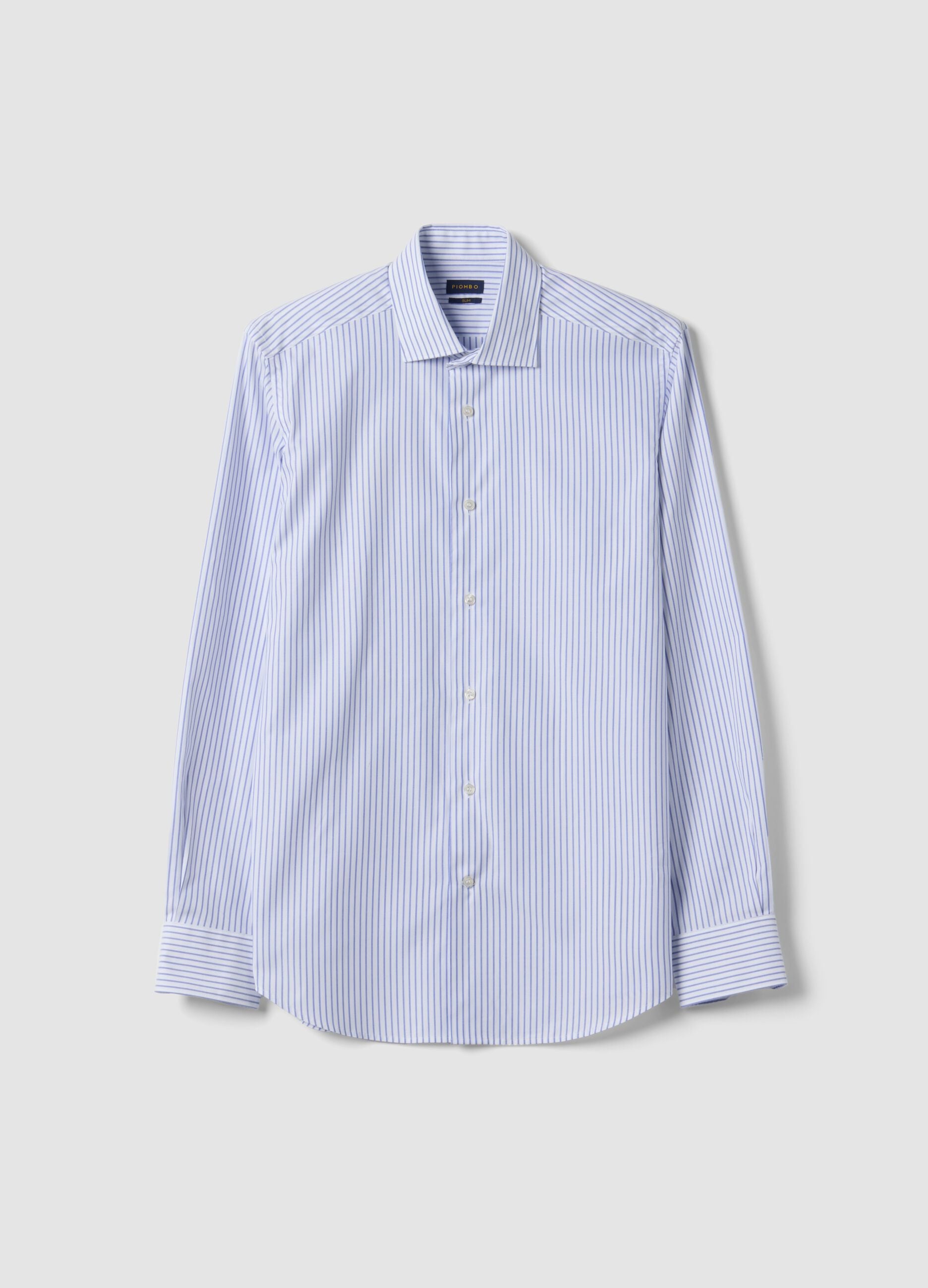 White and light-blue striped slim-fit pure cotton shirt