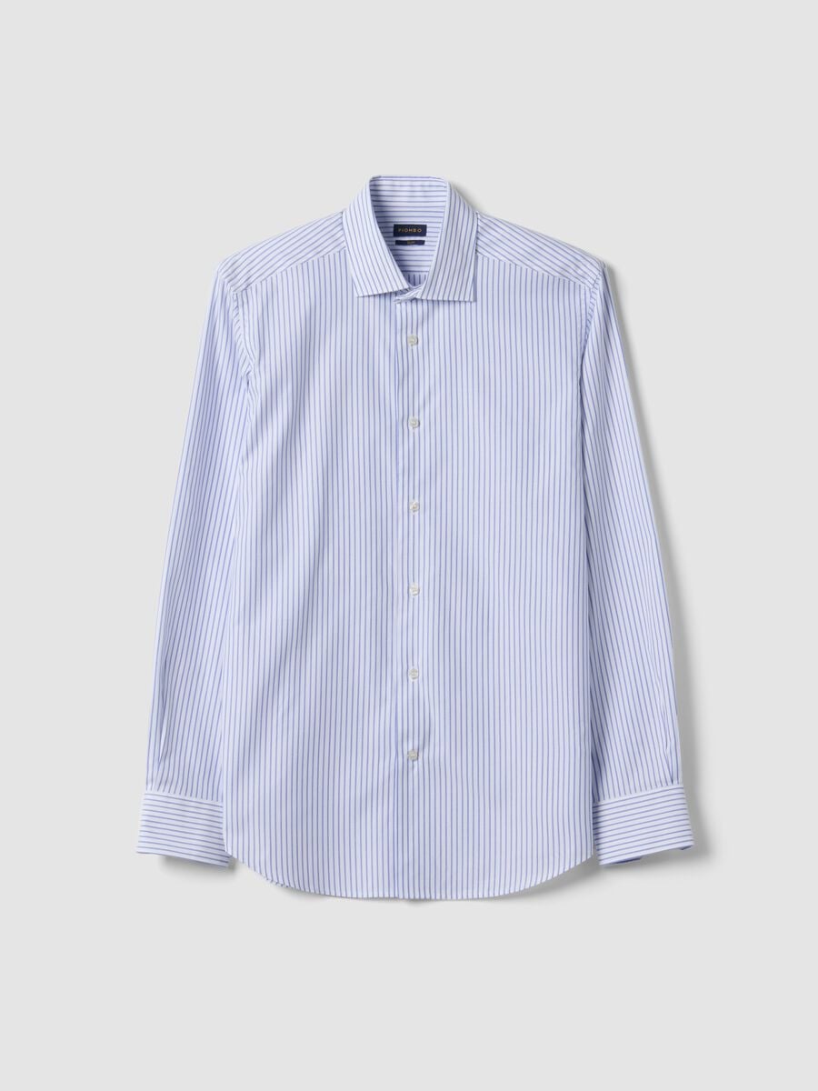 Camicia bianca e azzurra in puro cotone a righe slim fit_0