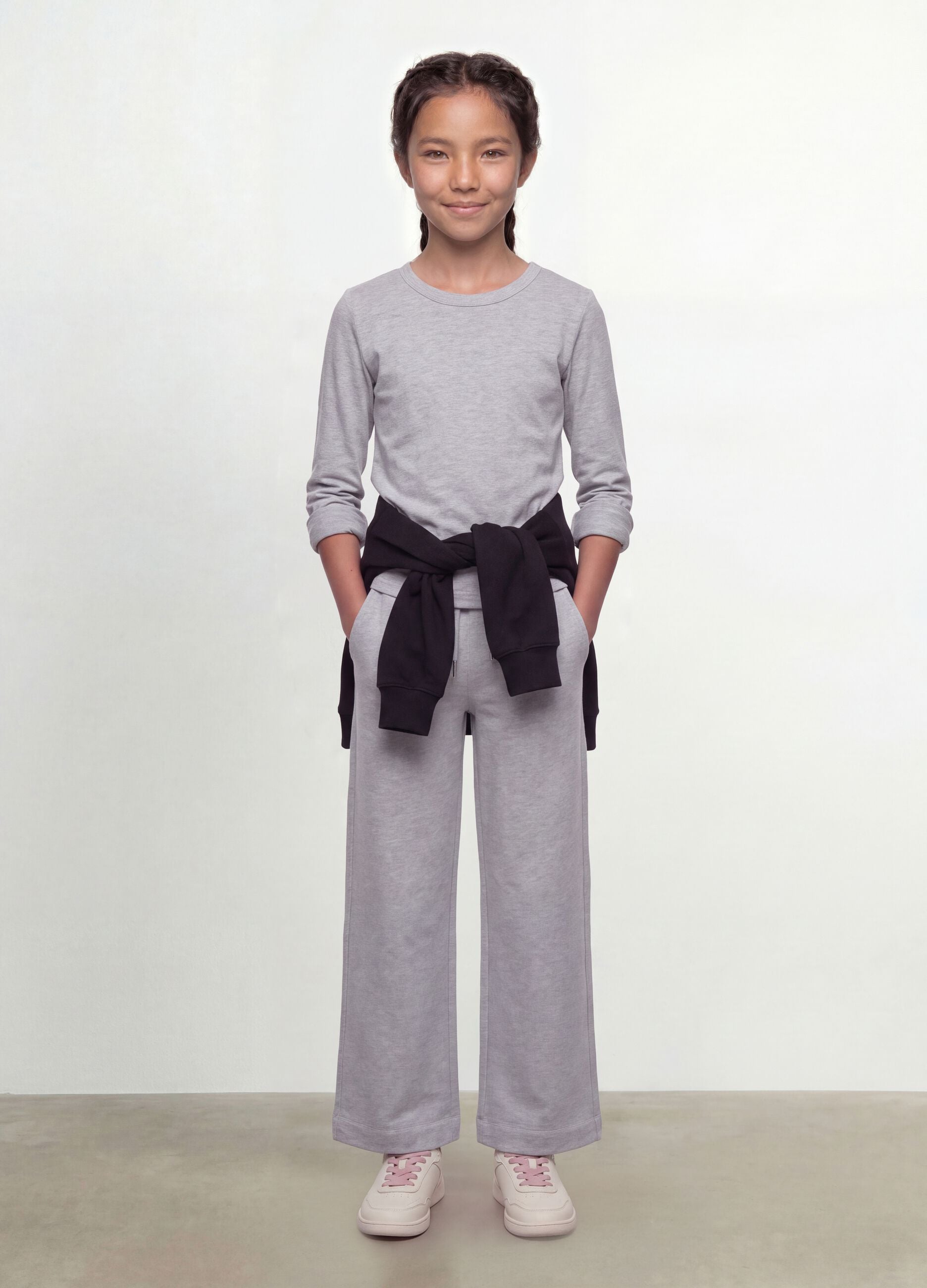 Grey organic cotton and stretch viscose T-shirt with ribbed neckline for girls