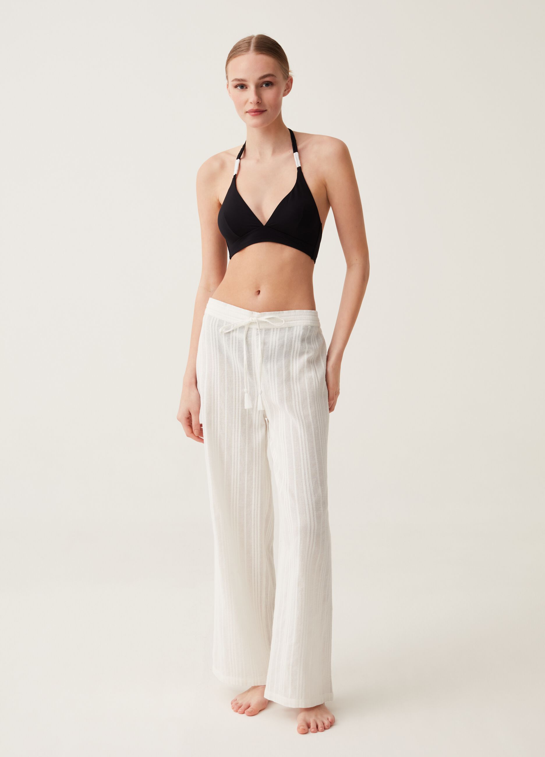 Striped cotton beach cover-up trousers