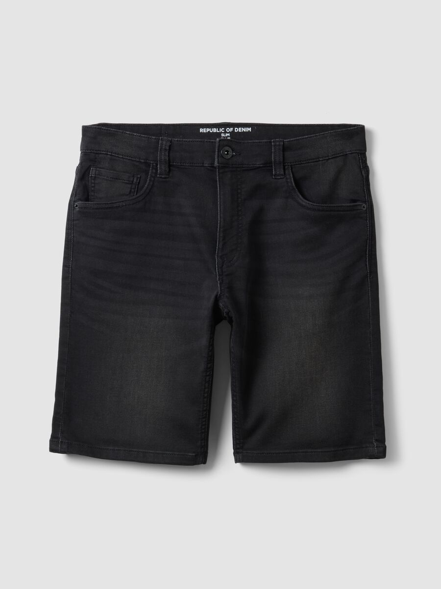 Slim fit black stretch denim cotton blend shorts_4
