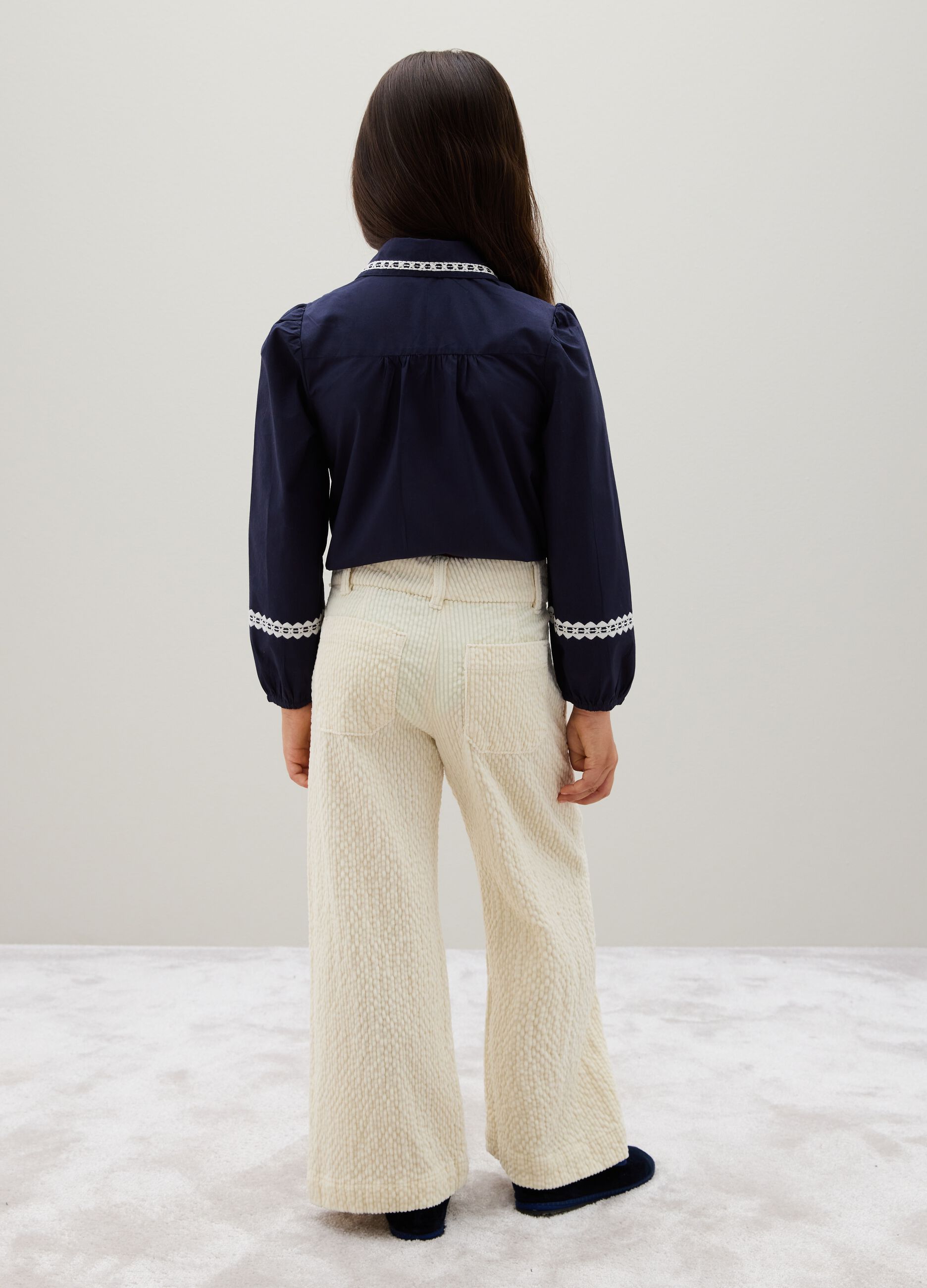 Girls' Beige Velvet Wide Leg Trousers