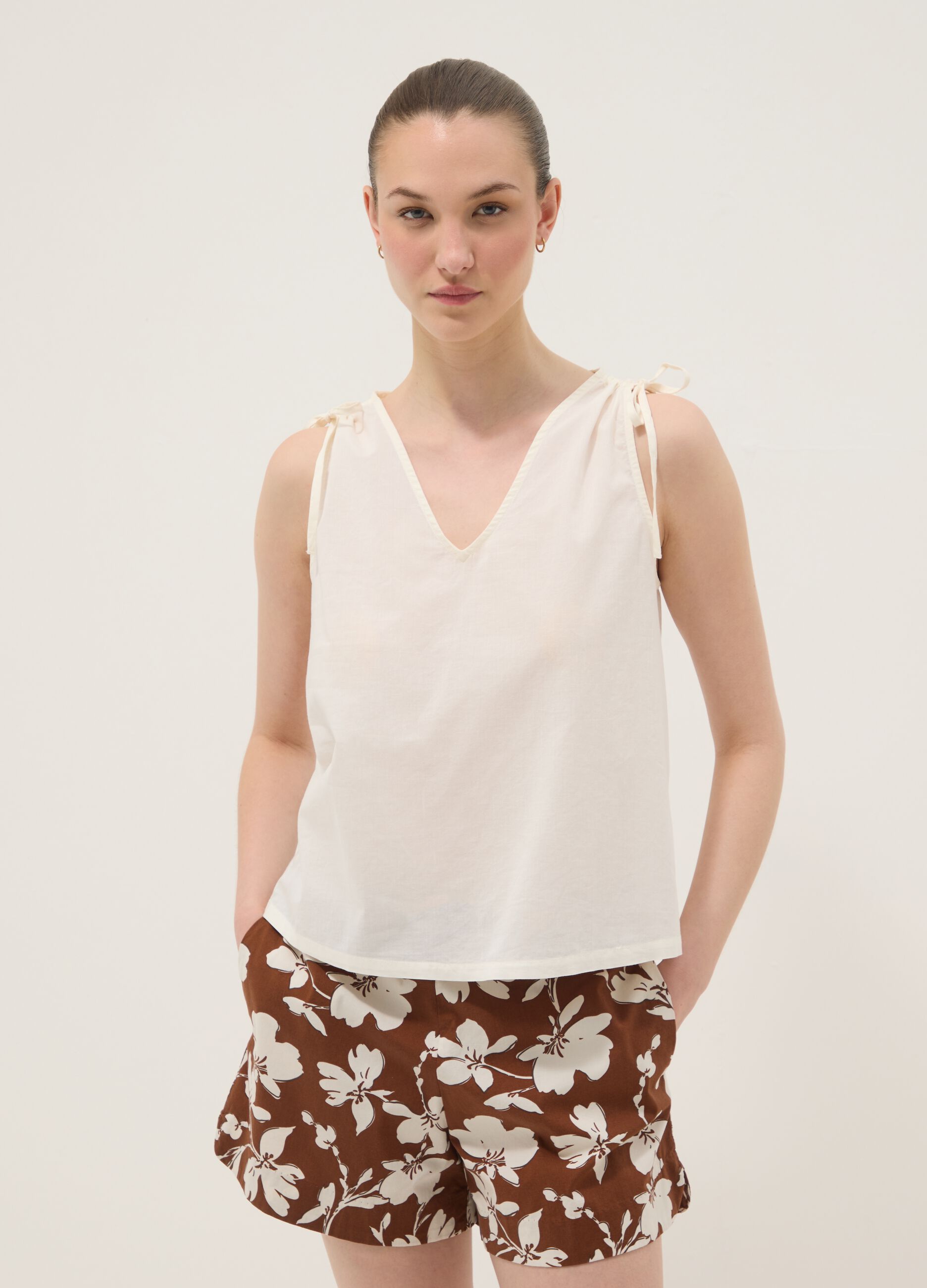White pure cotton V-neck blouse