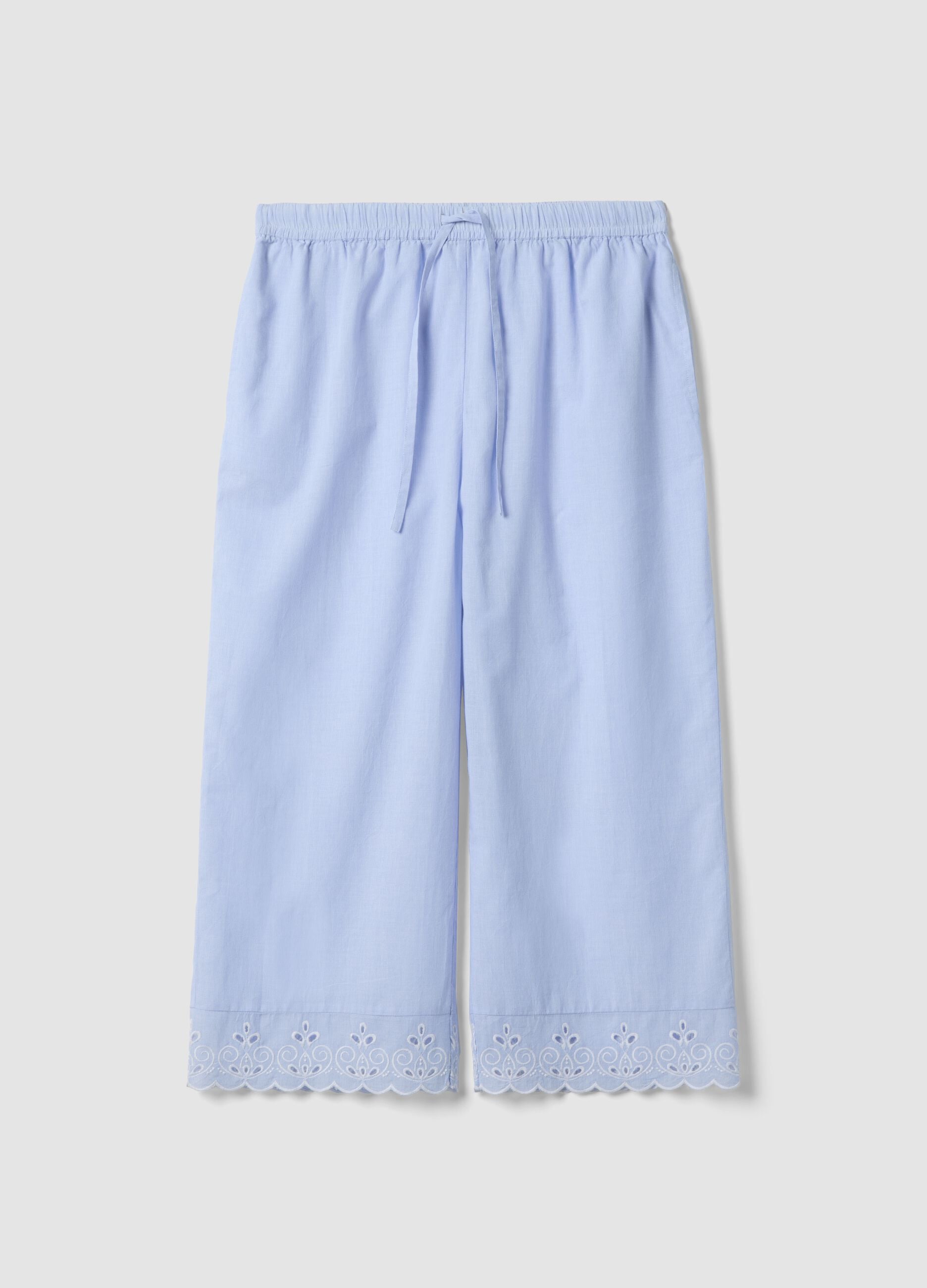Light blue organic cotton pyjama trousers with broderie anglaise hem
