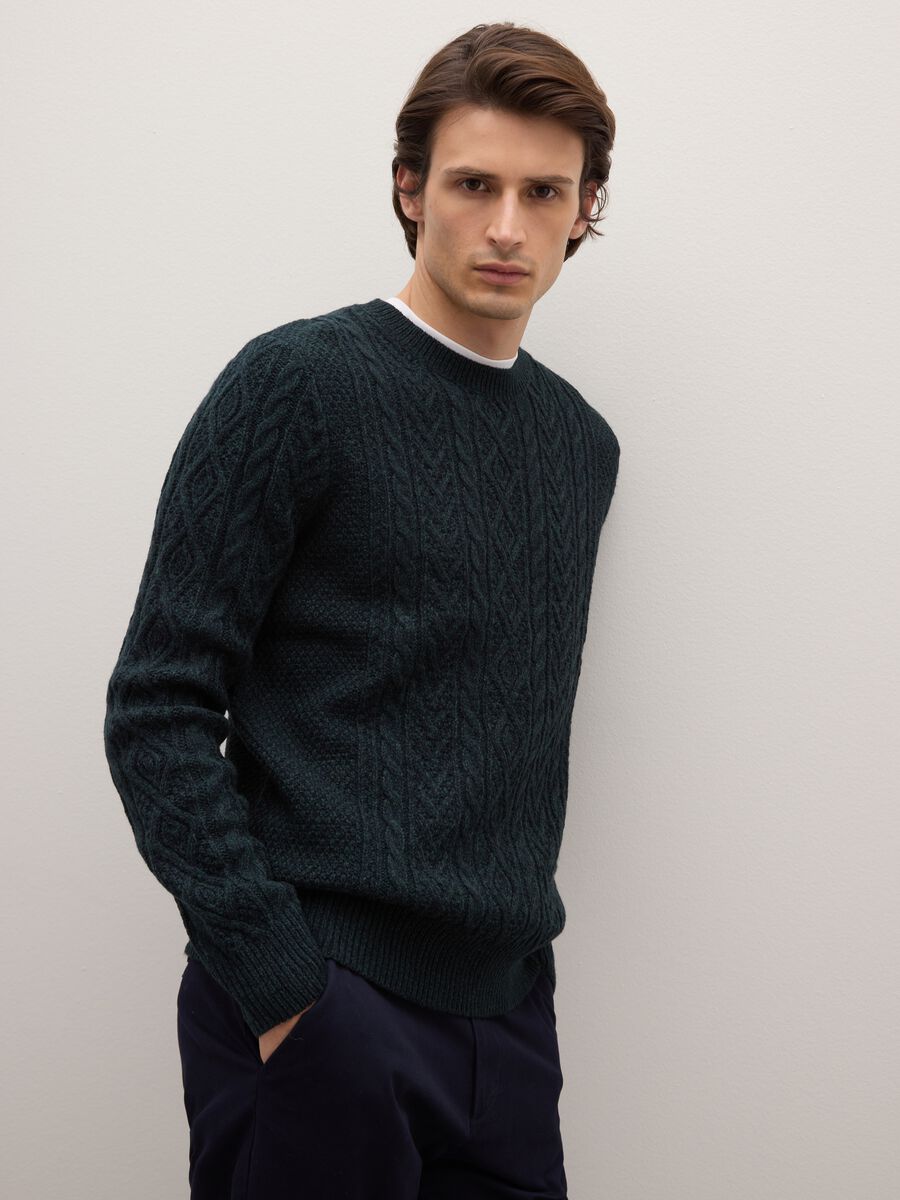 Blue crew neck jumper with regular fit jacquard pattern_1