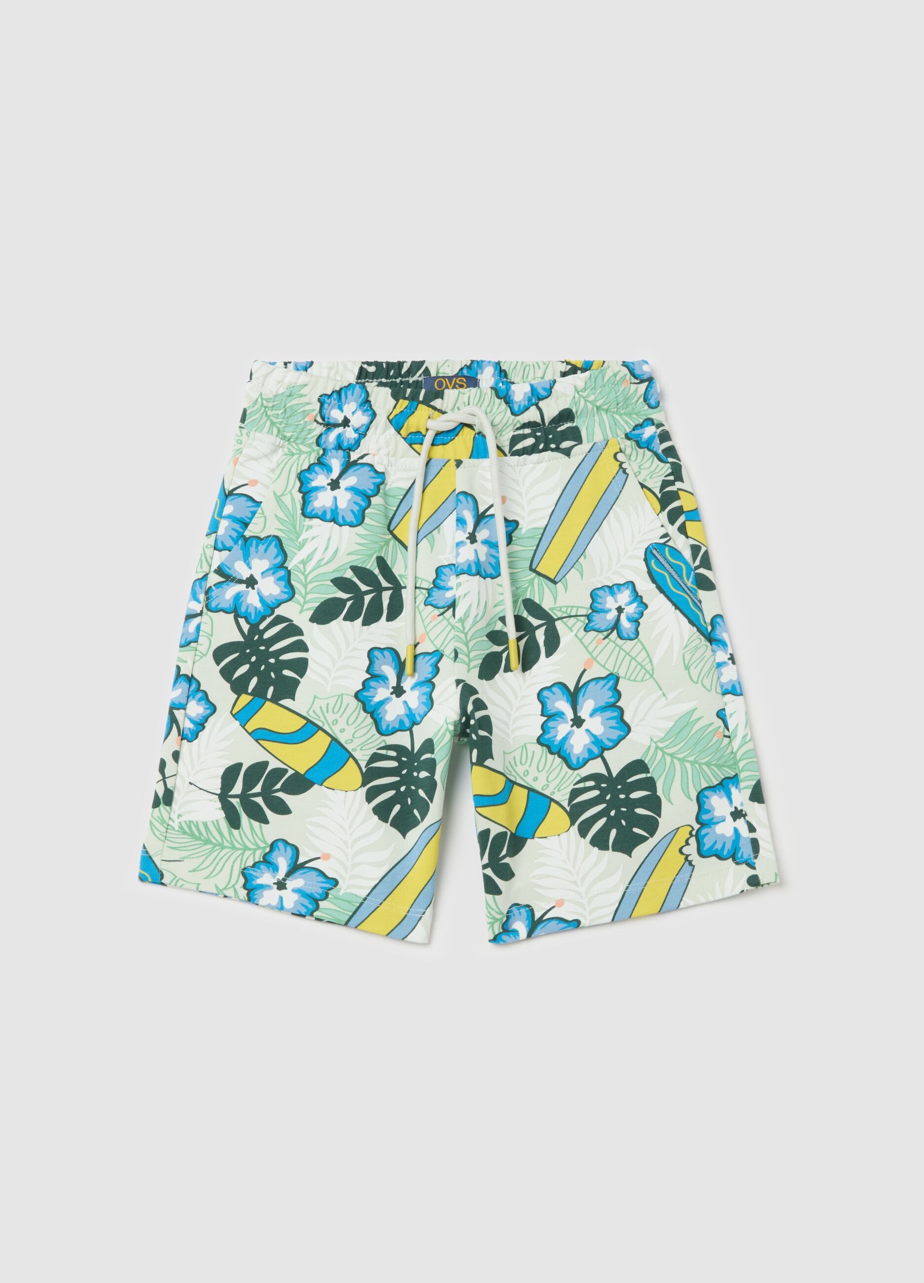 Cotton Bermuda shorts with drawstring and print