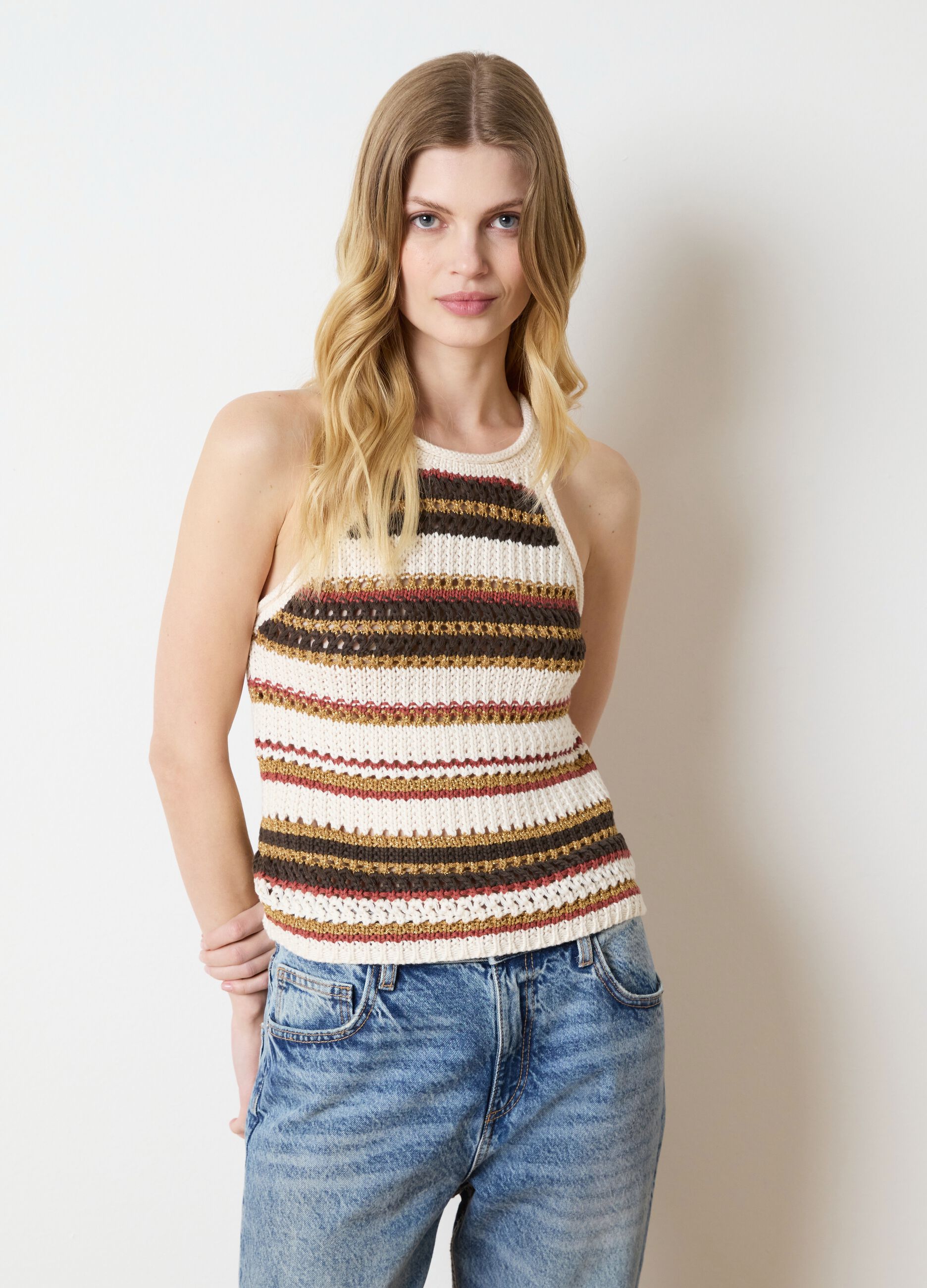 Tank top a righe crochet beige e marrone con dettagli lurex
