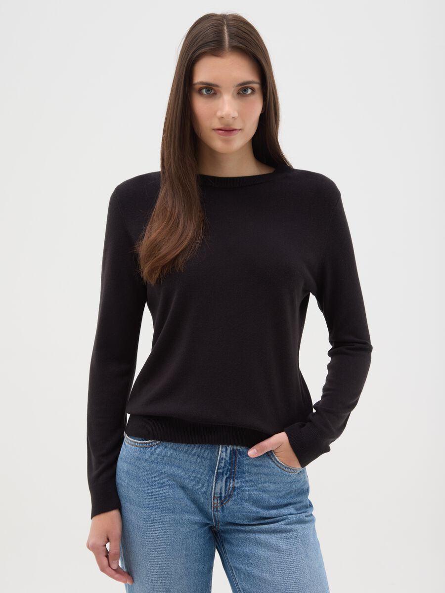 Black regular fit crew neck jumper_0