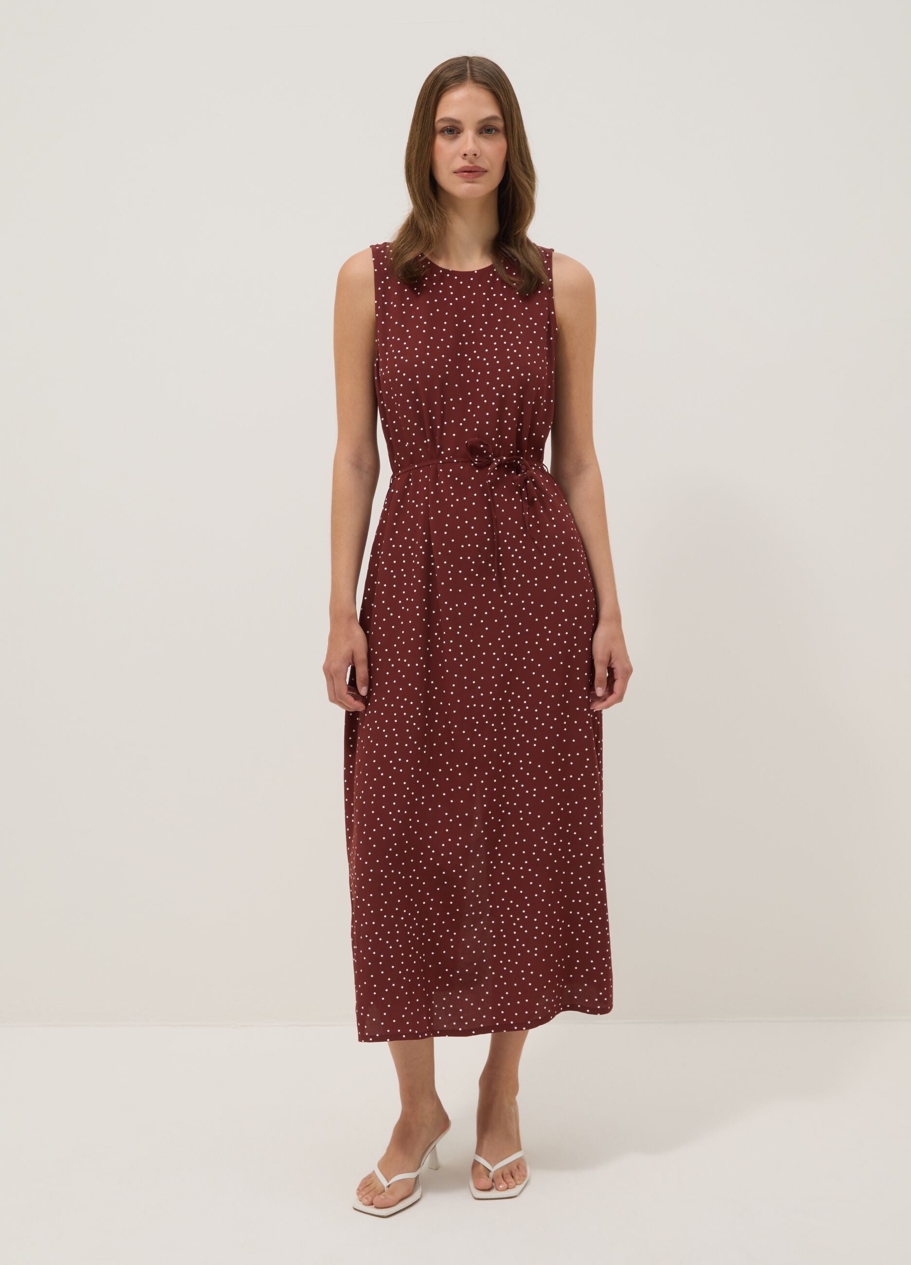 Red polka-dot pure viscose midi dress