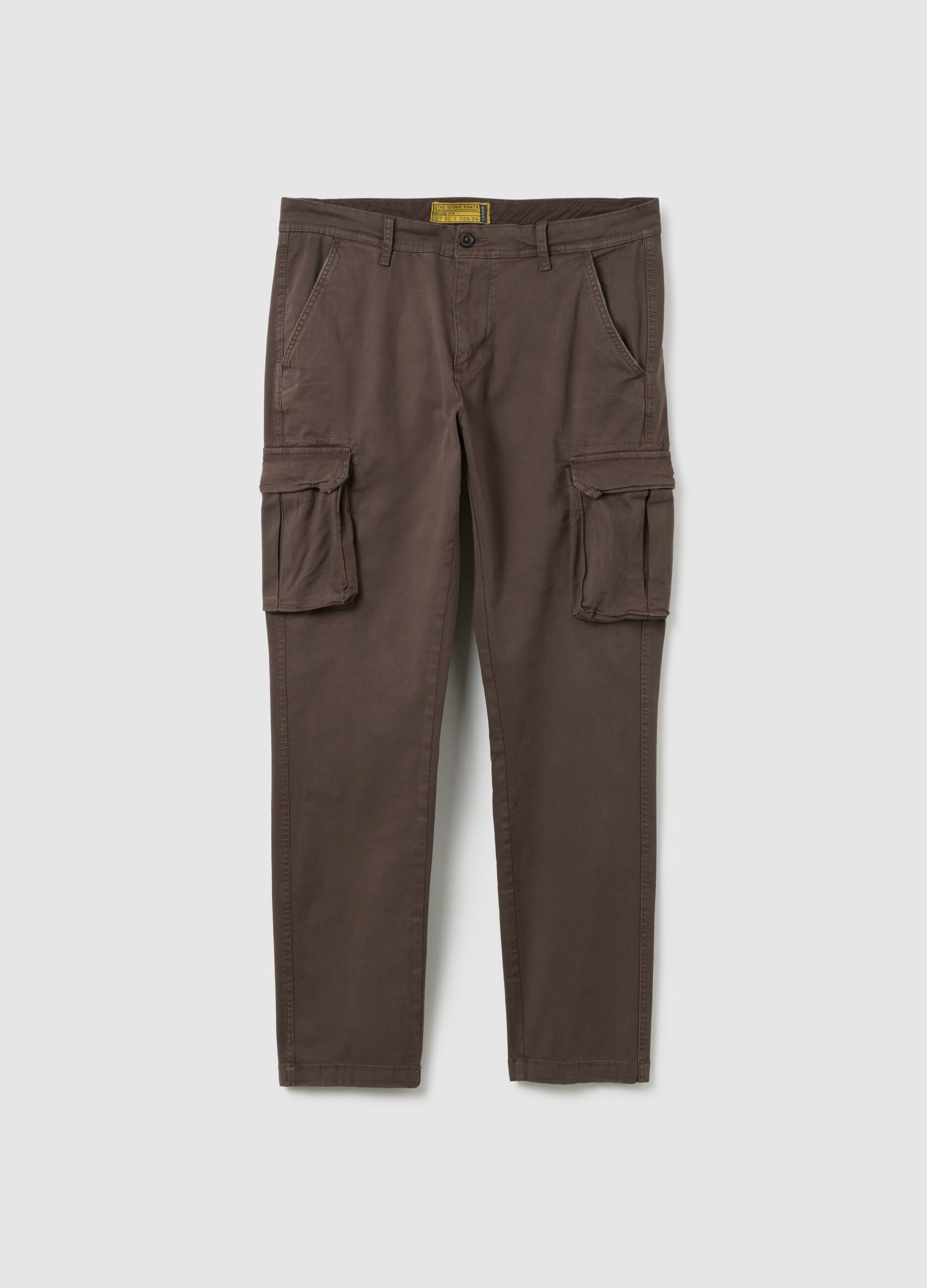 Slim fit stretchy cotton brown cargo trousers