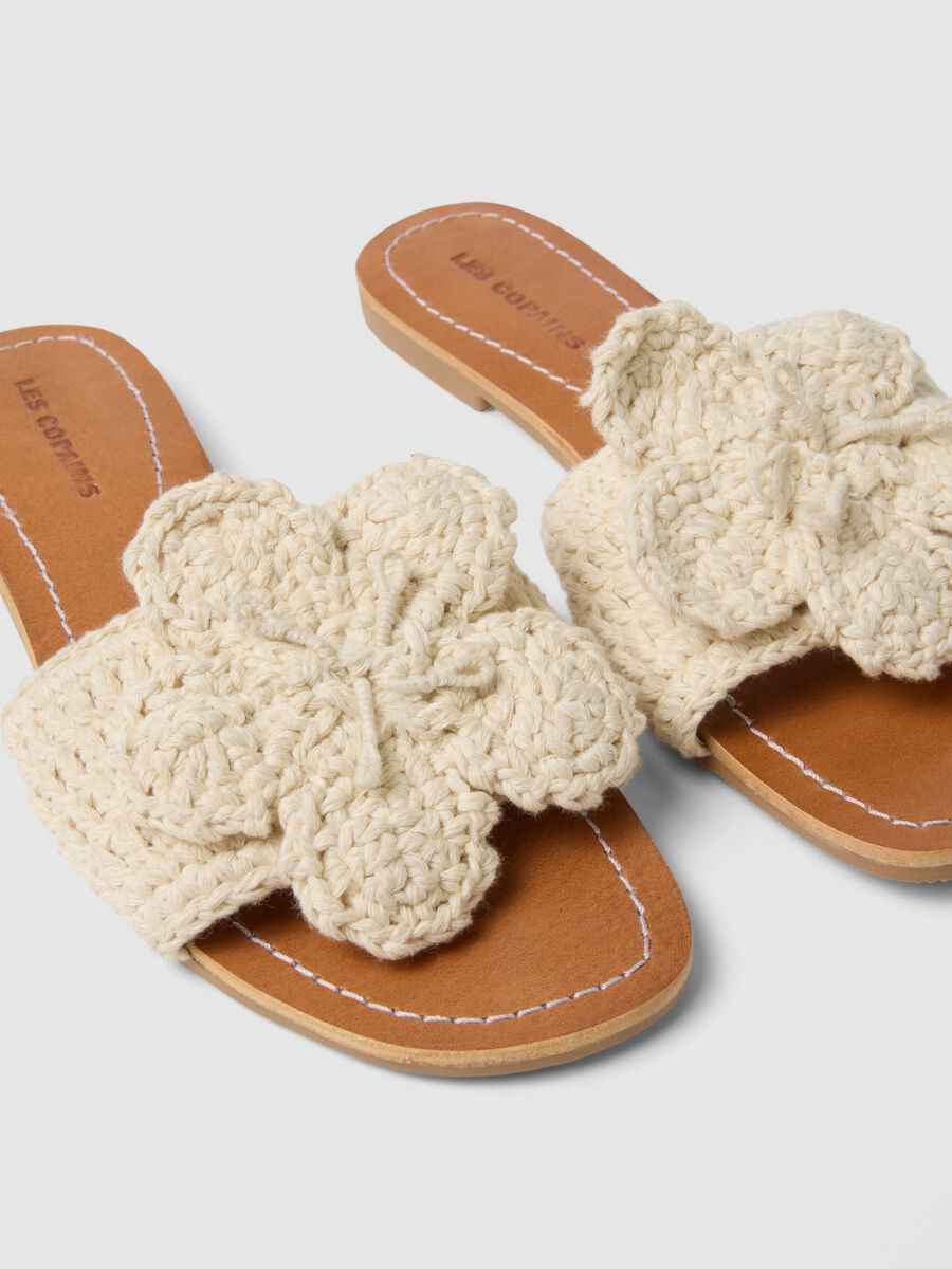 Beige Sandals with White Floral Detail_1