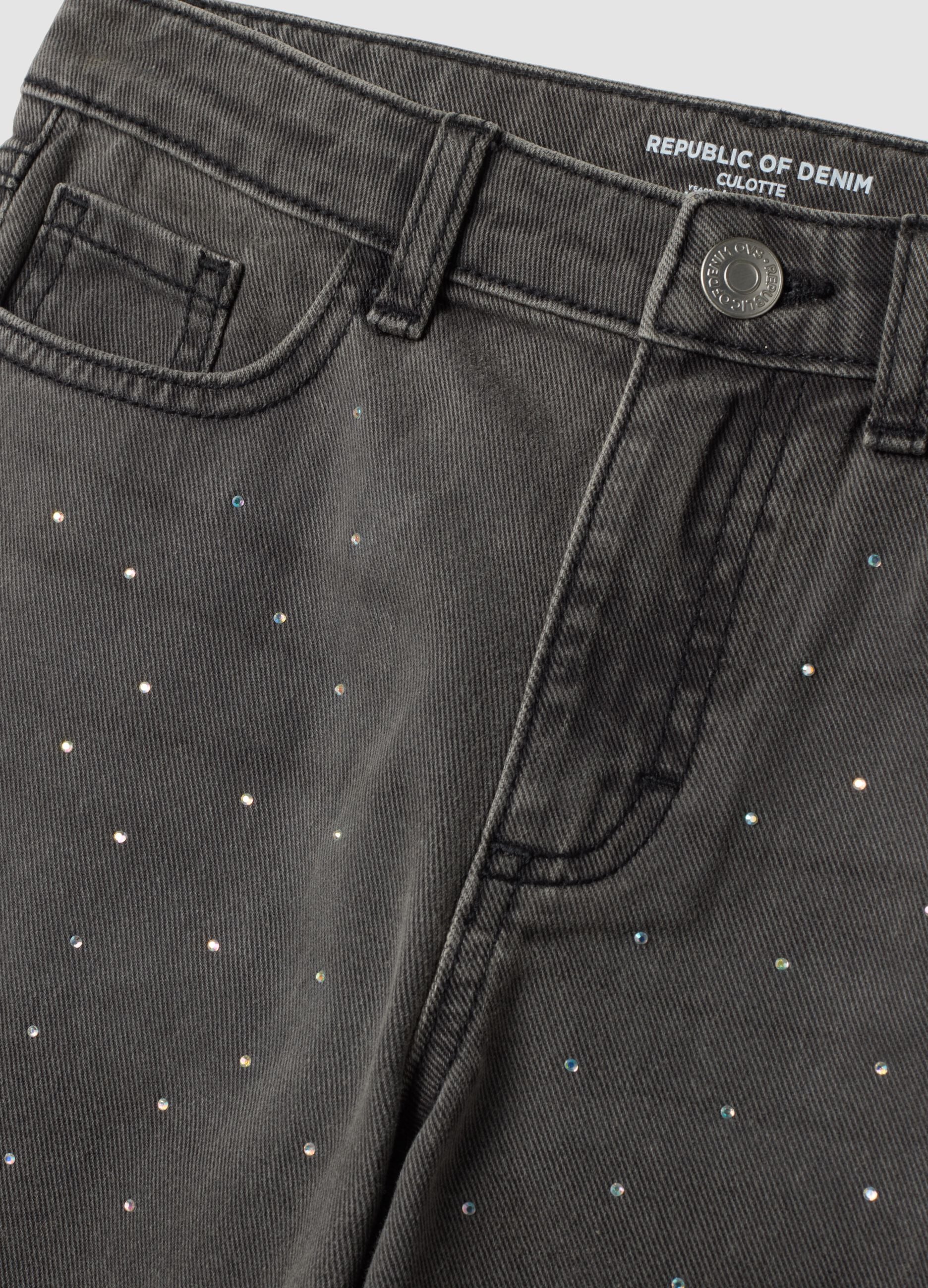 Grey wide-leg pure cotton jeans with rhinestones
