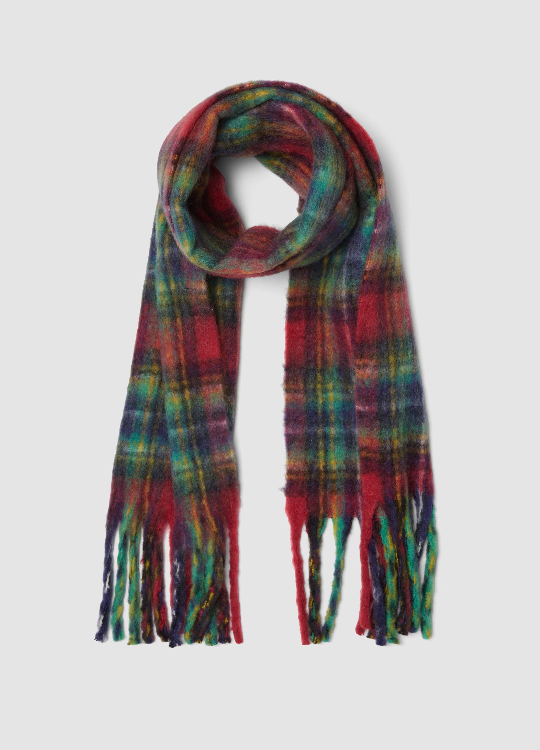 Multicolour checked wool-blend scarf