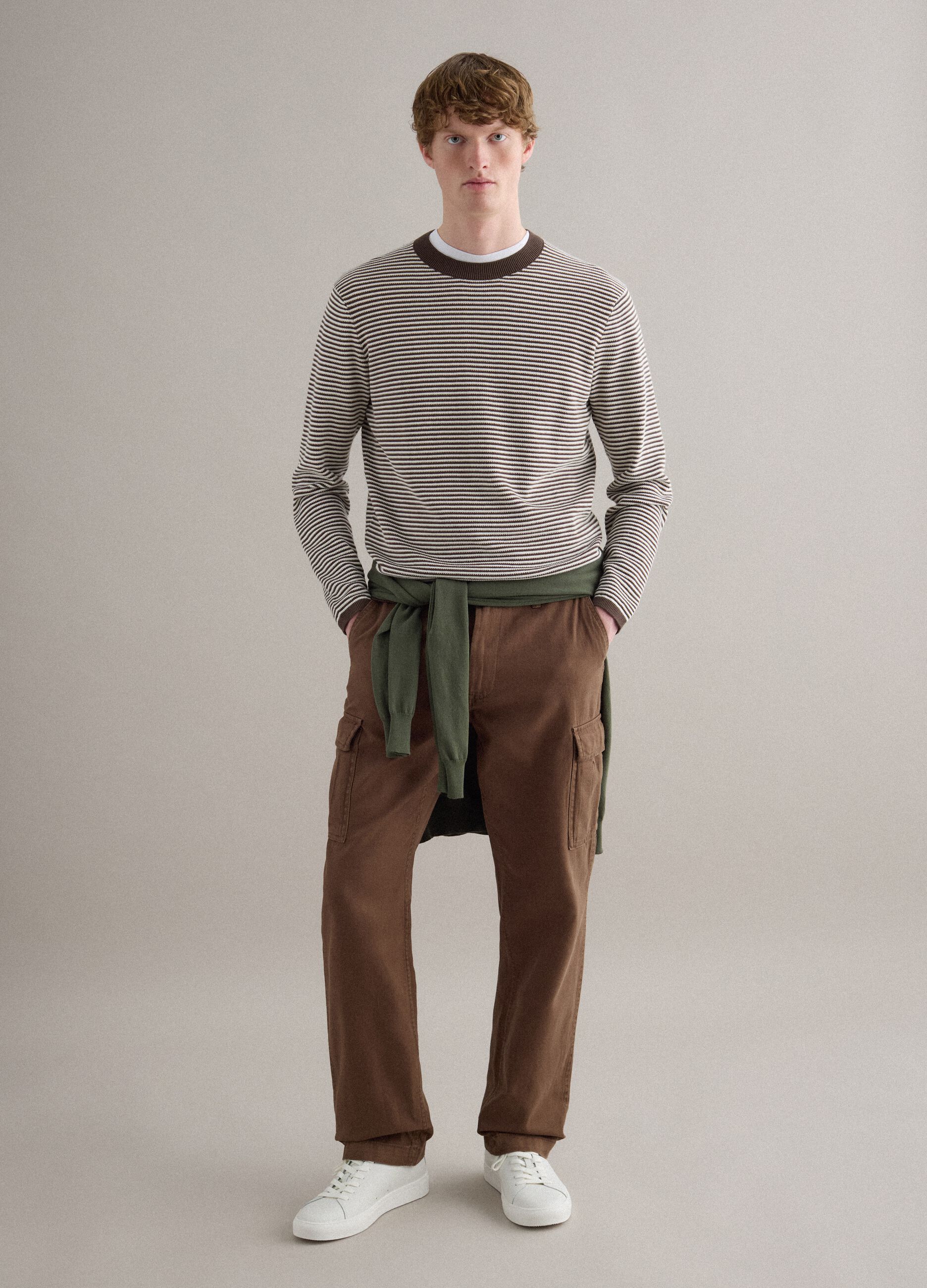 Brown regular fit cotton and linen cargo trousers