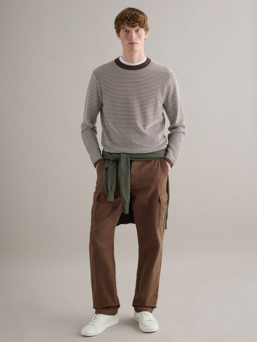 Brown regular fit cotton and linen cargo trousers_0