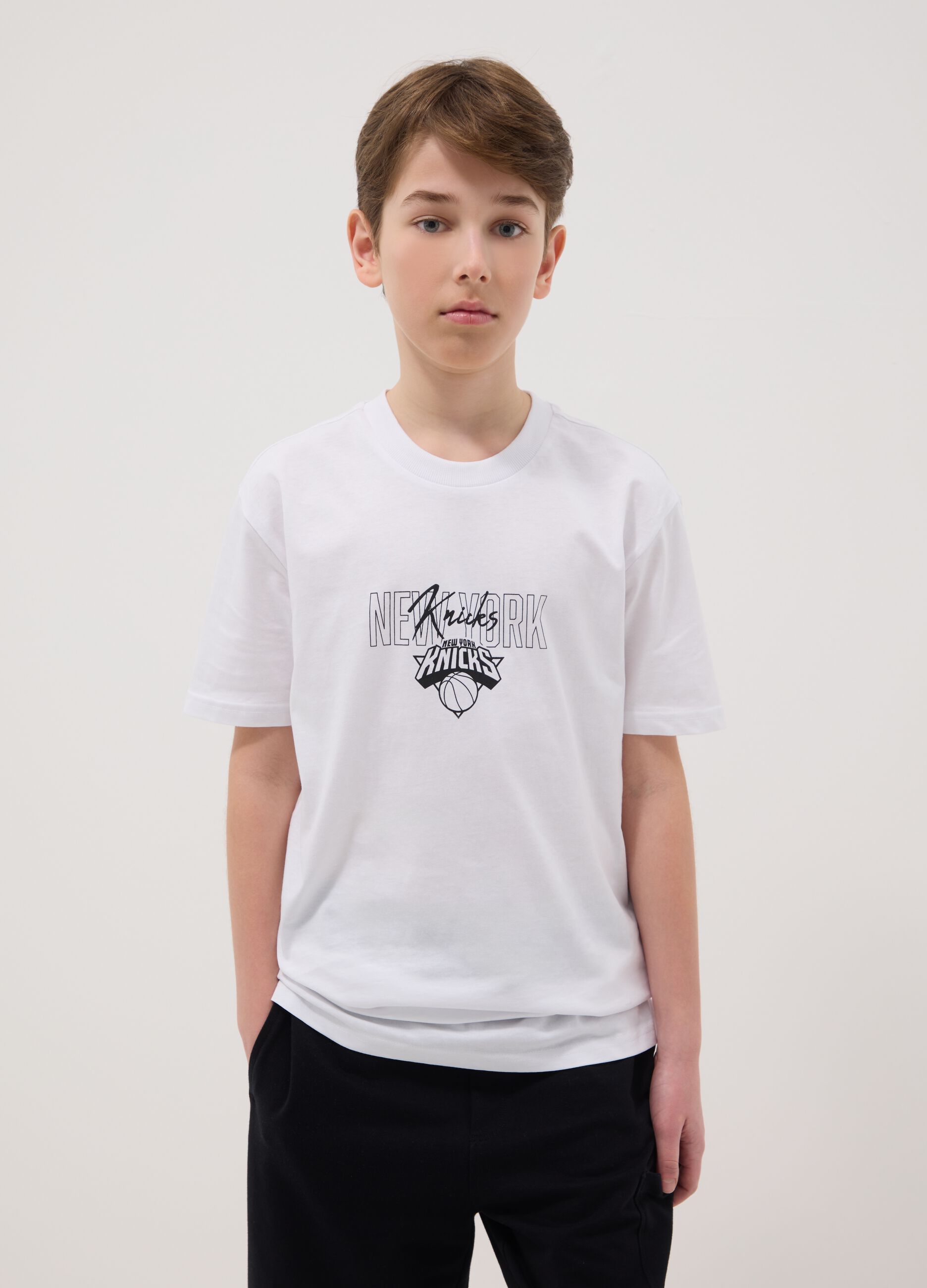 Boys' White Pure Cotton T-shirt Relaxed Fit Knicks