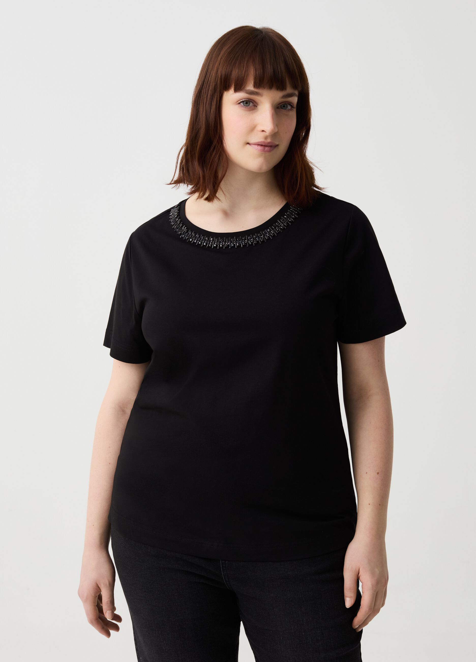 Curvy T-shirt with diamantés and round neck