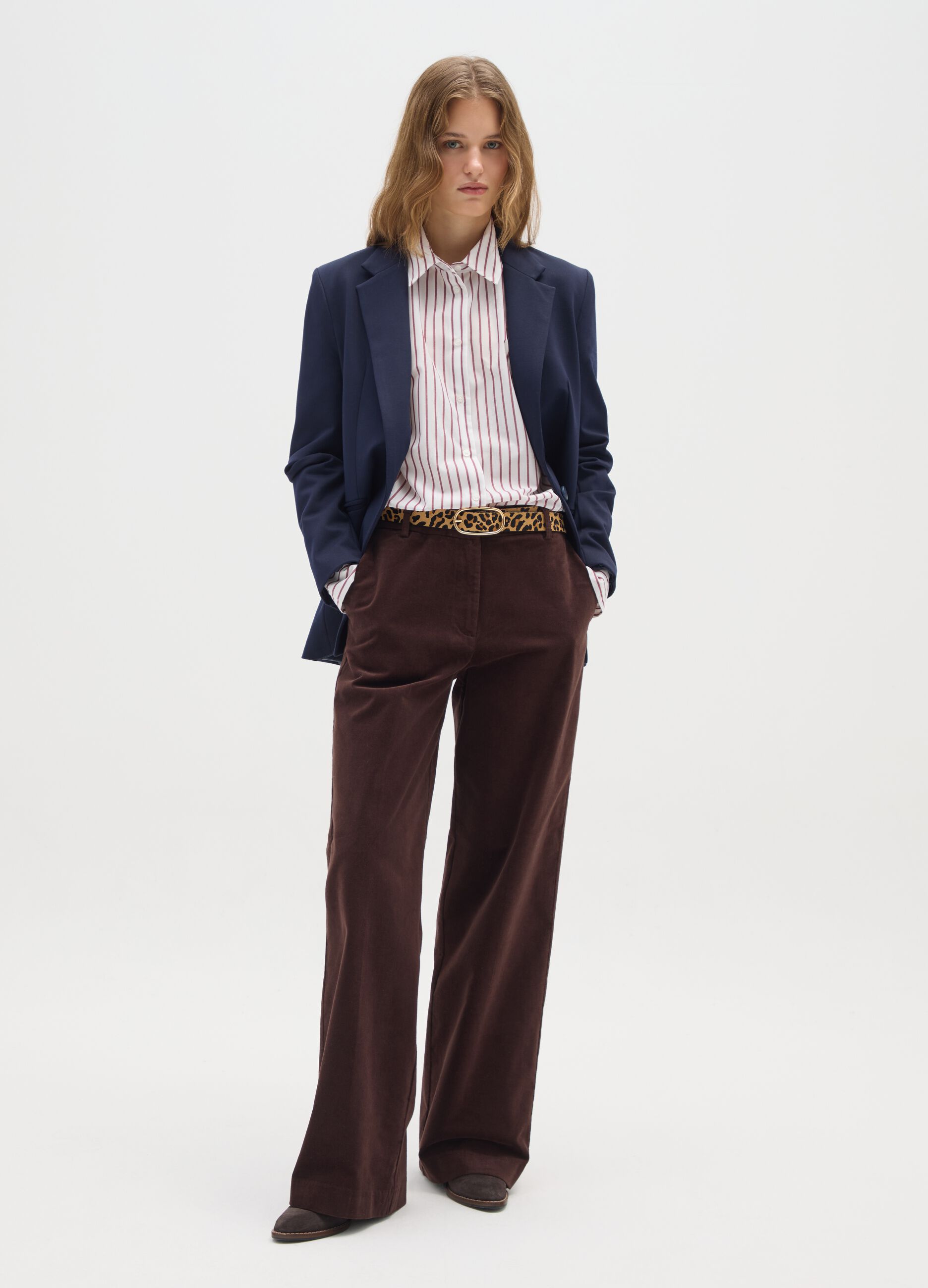 Regular fit brown cotton and velvet trousers