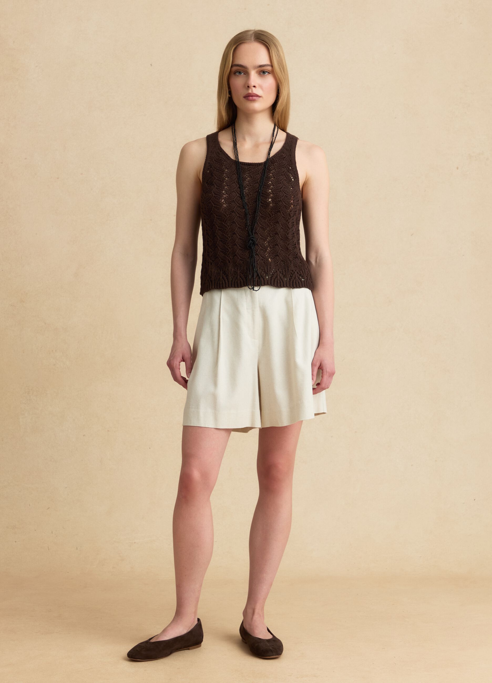 Tank top marrone in crochet di puro cotone