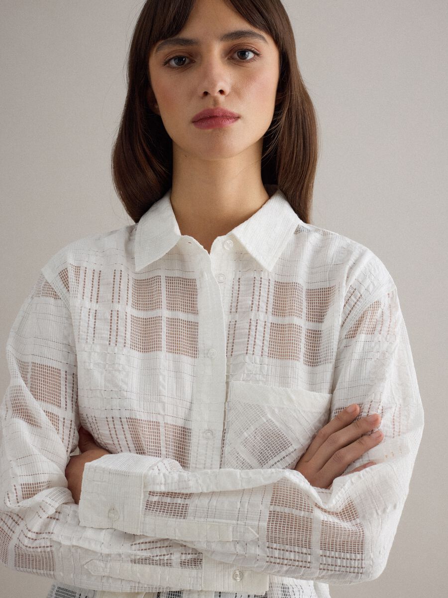 White viscose blend oversized fit semi-transparent check shirt_3