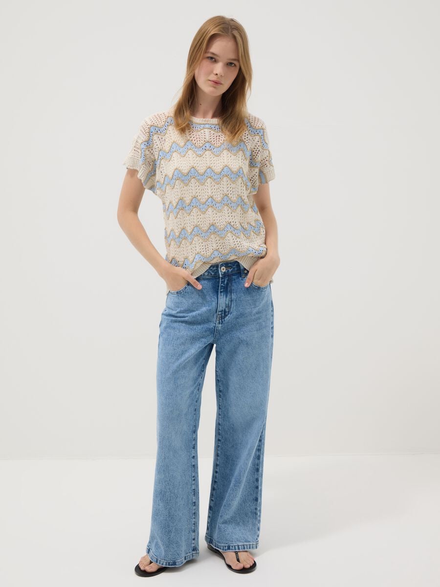 Beige stretch cotton T-shirt with openwork detailing_1