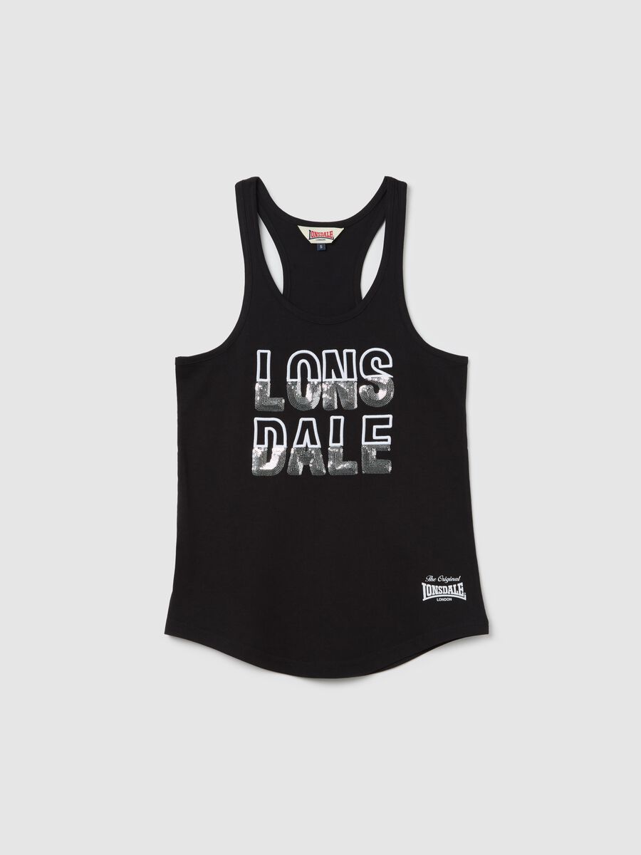 Black tank top in cotton with sequinned logo_4