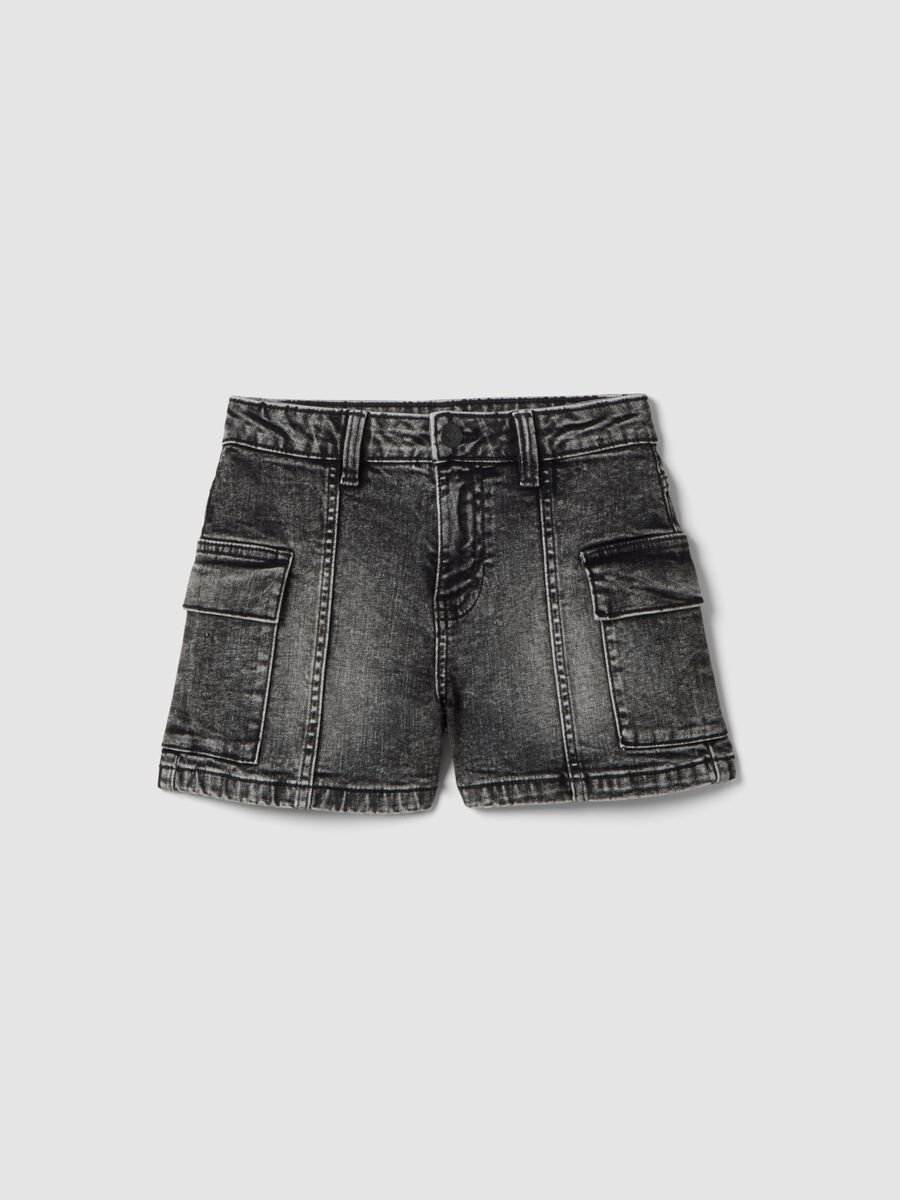 Girls&rsquo; slim-fit grey cargo denim shorts in stretch cotton_3
