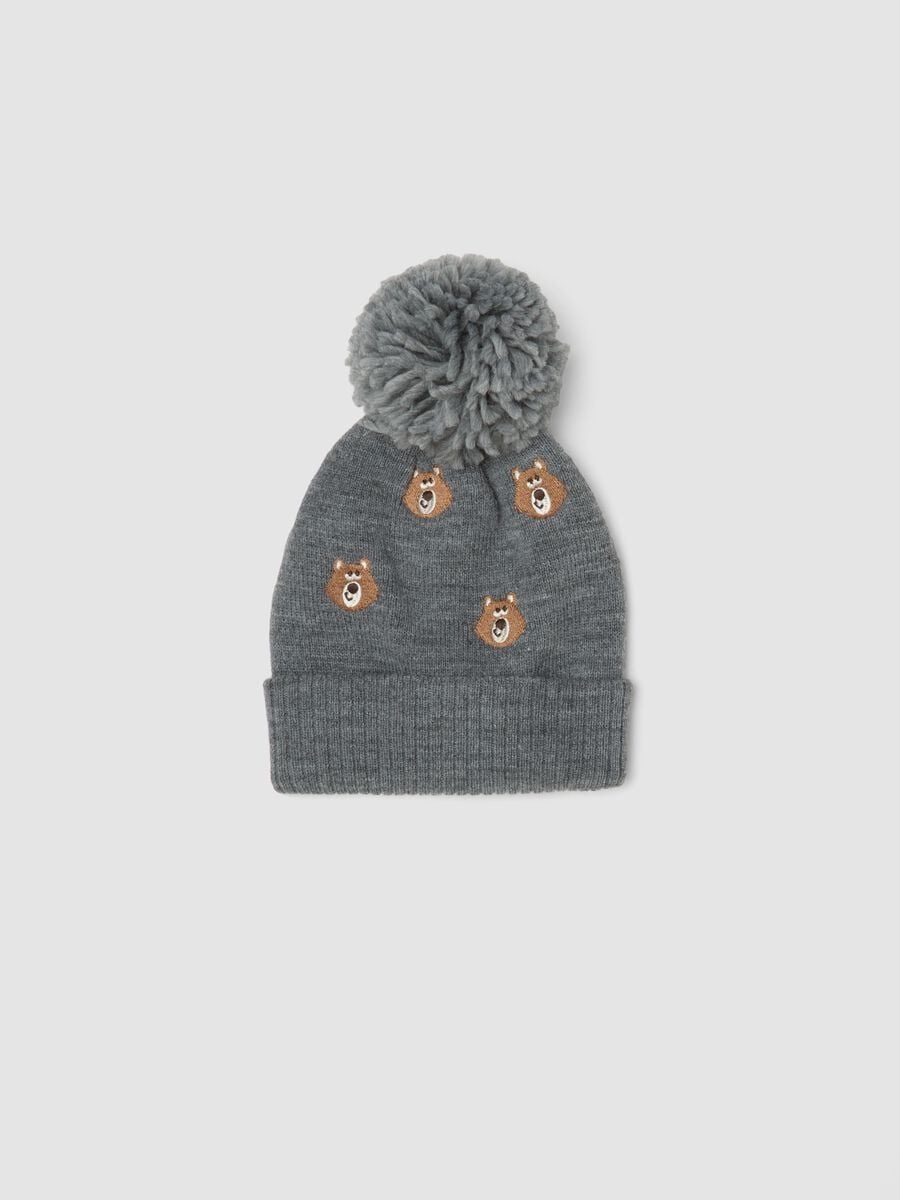 Cappello grigio in maglia con pon pon e orsetti_0