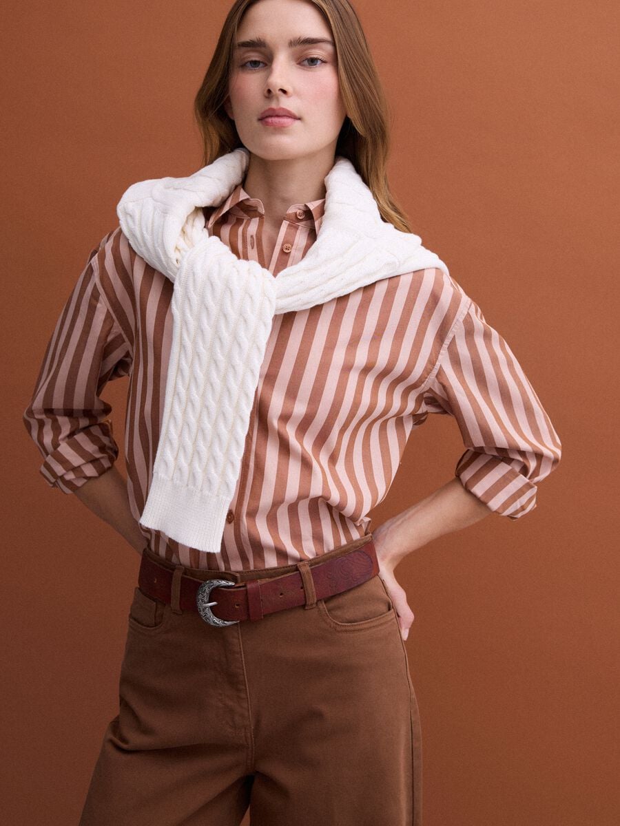 Brown striped pure cotton poplin shirt, regular fit_0