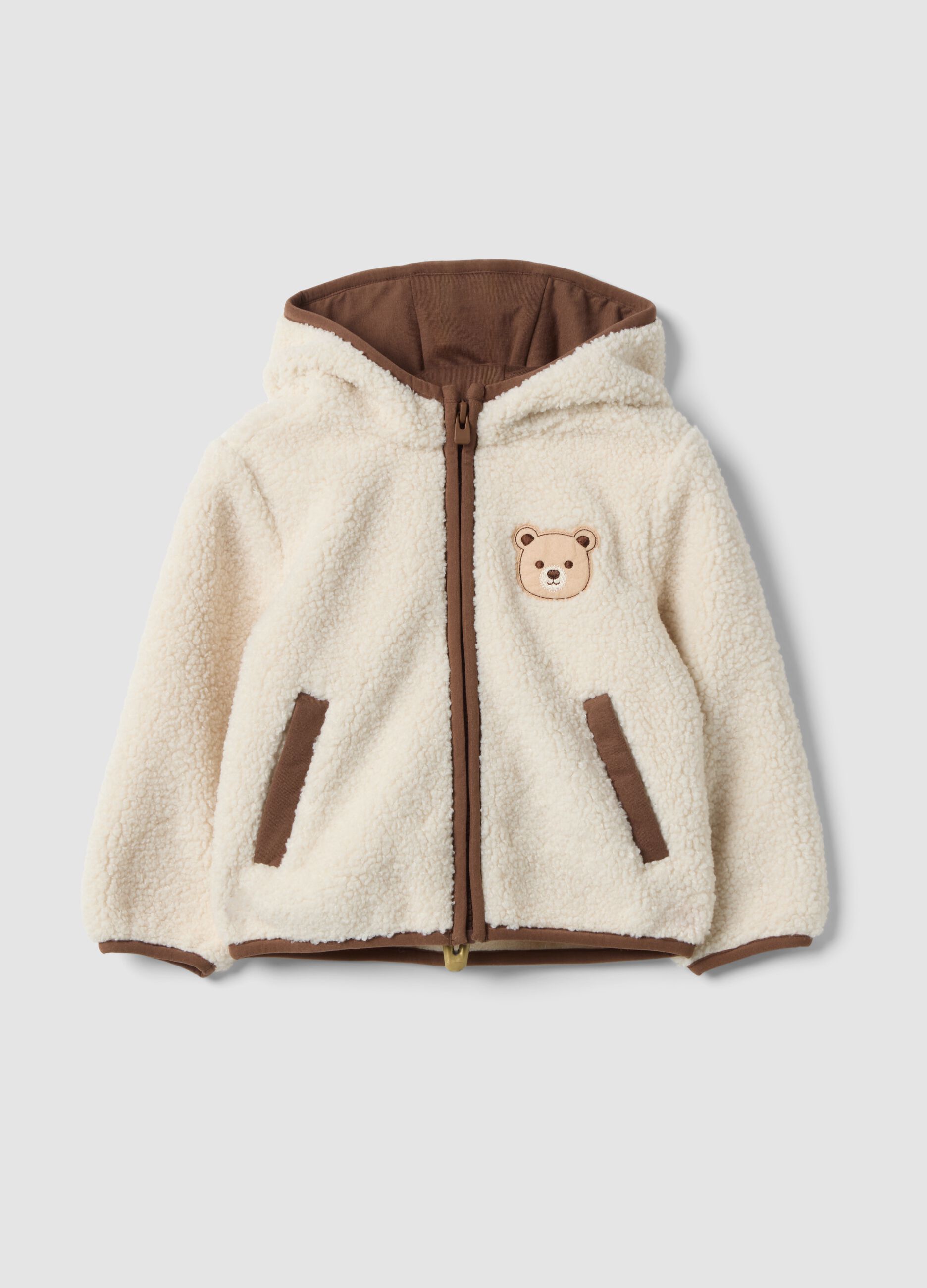 White hooded zip-up teddy-style jacket for boys