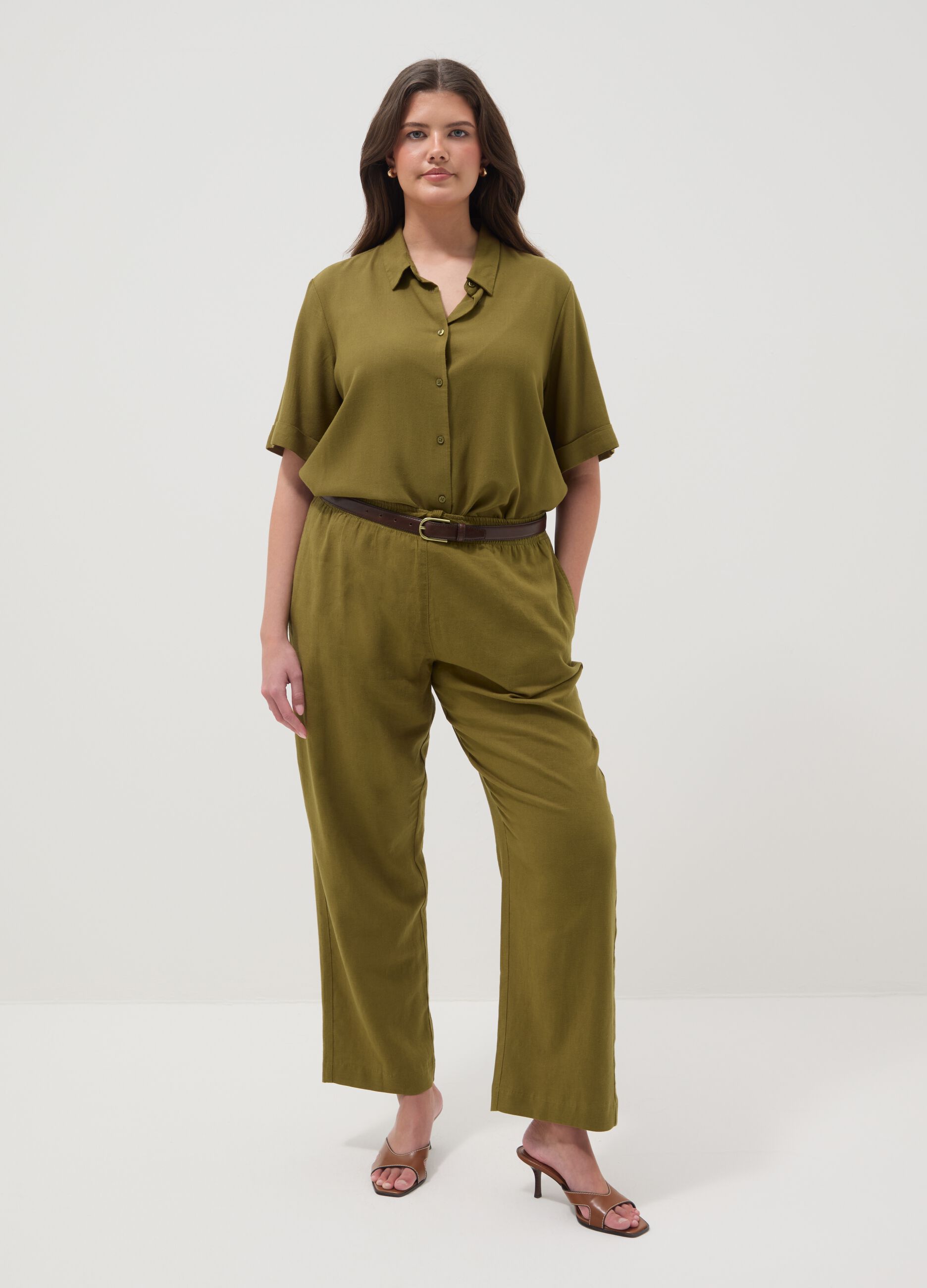 Green Linen Blend Regular Fit Trousers