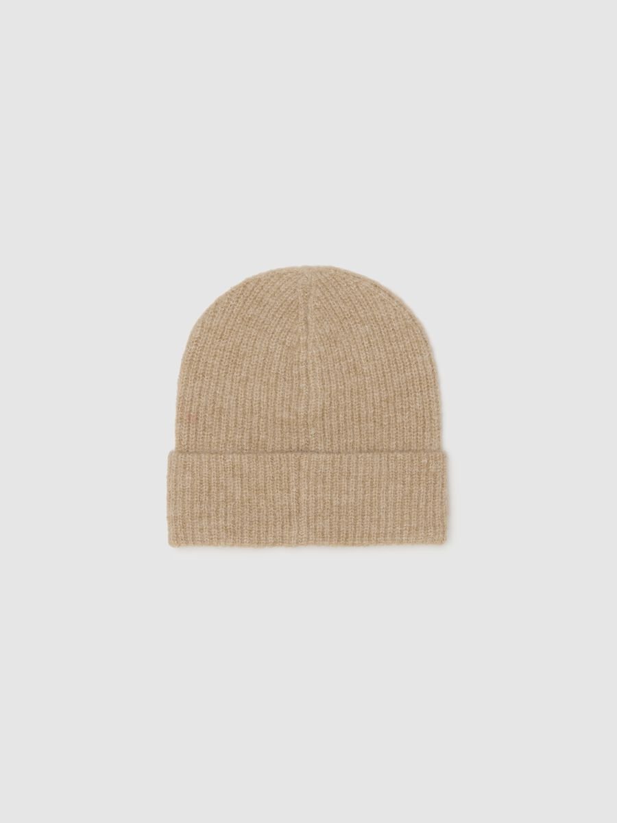 Beige Knitted Beanie Hat with Decorative Elements_1