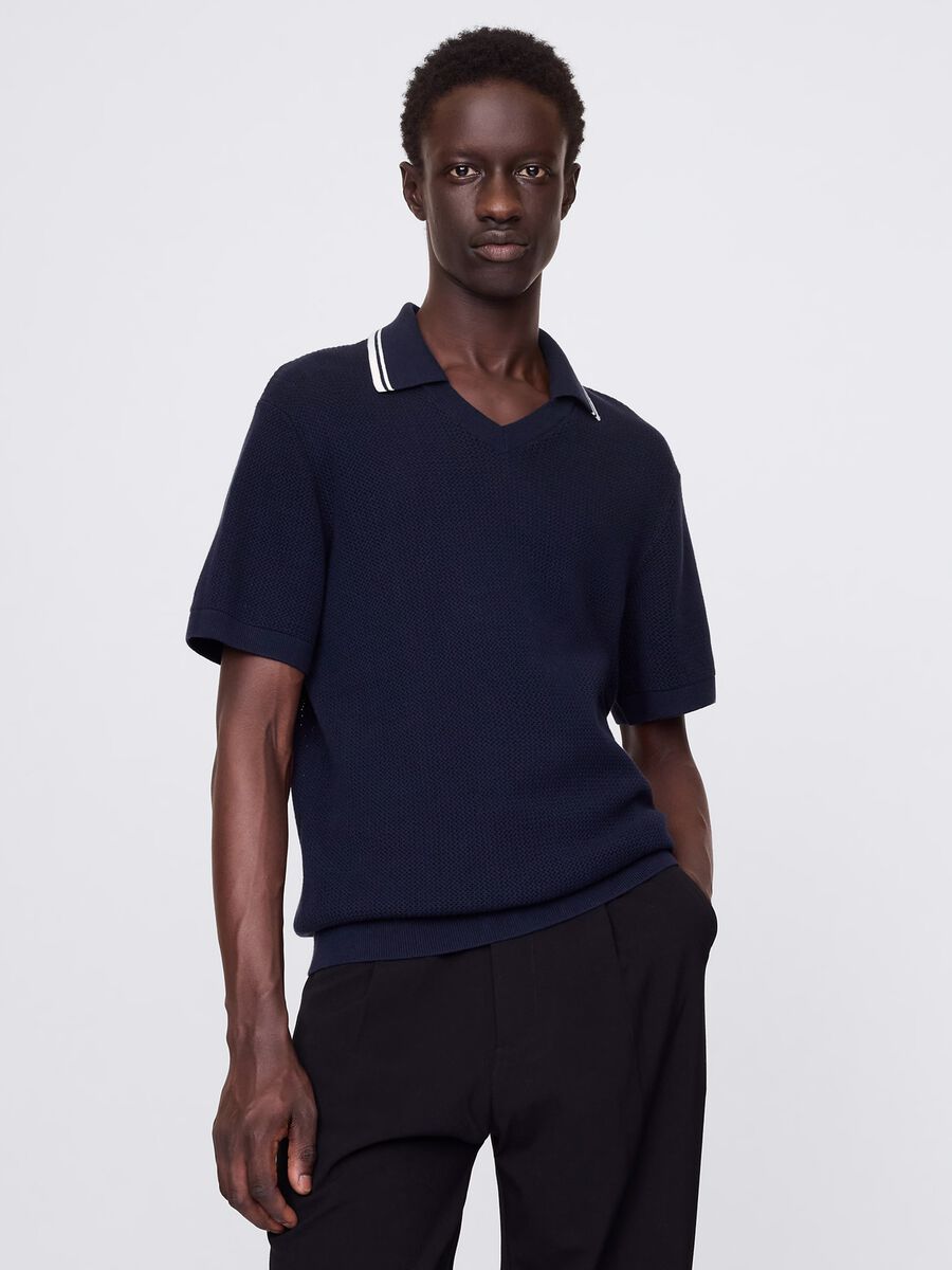 Openwork polo shirt in blue cotton_0