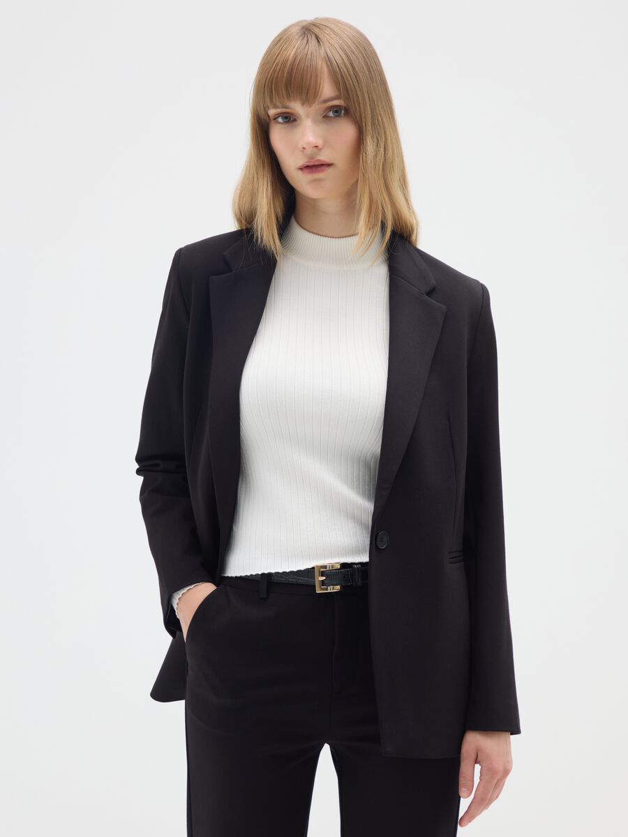 Blazer in tessuto elasticizzato nero regular fit_0