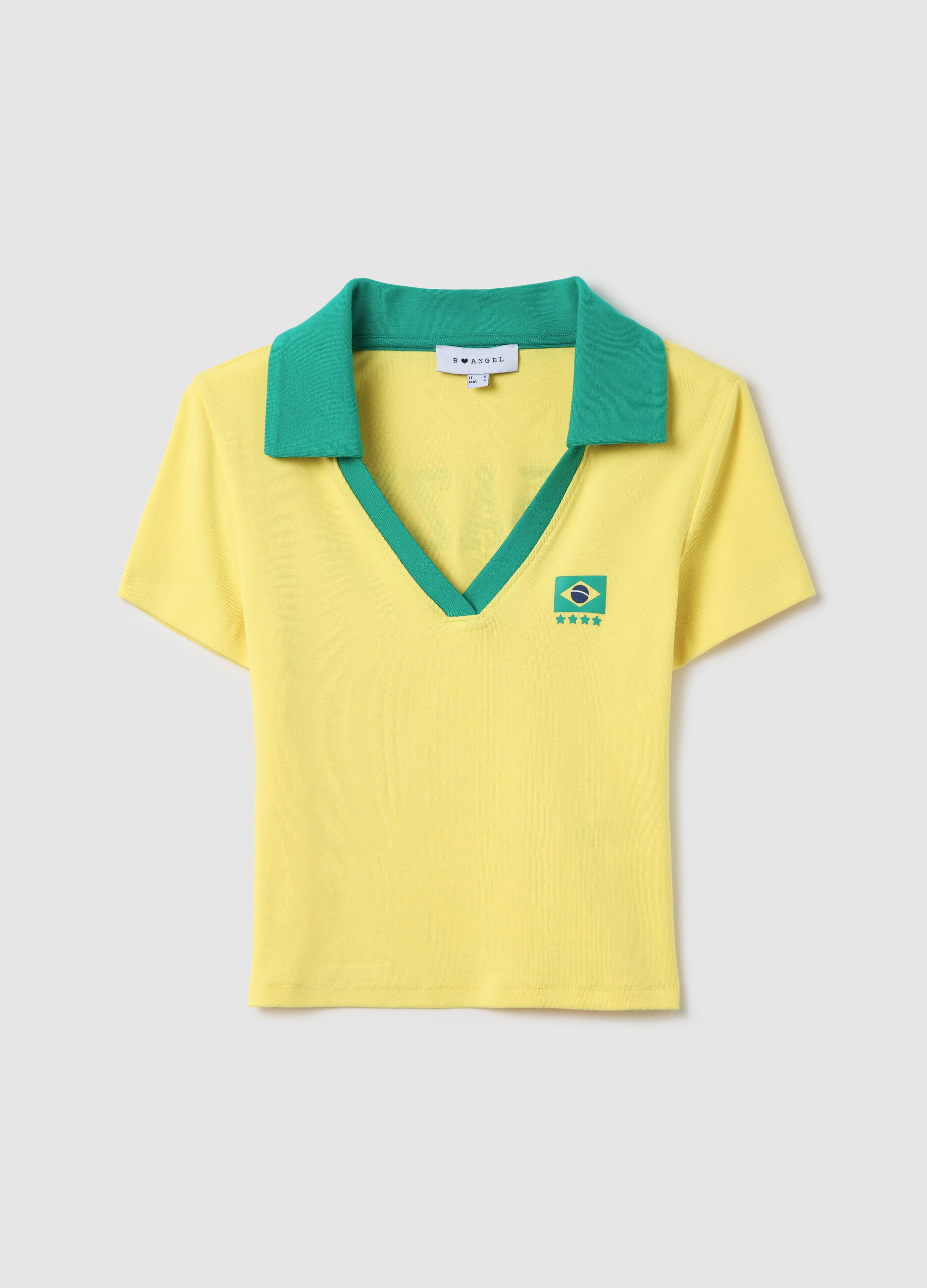 T-shirt gialla scollo a polo stampa "Brasile"