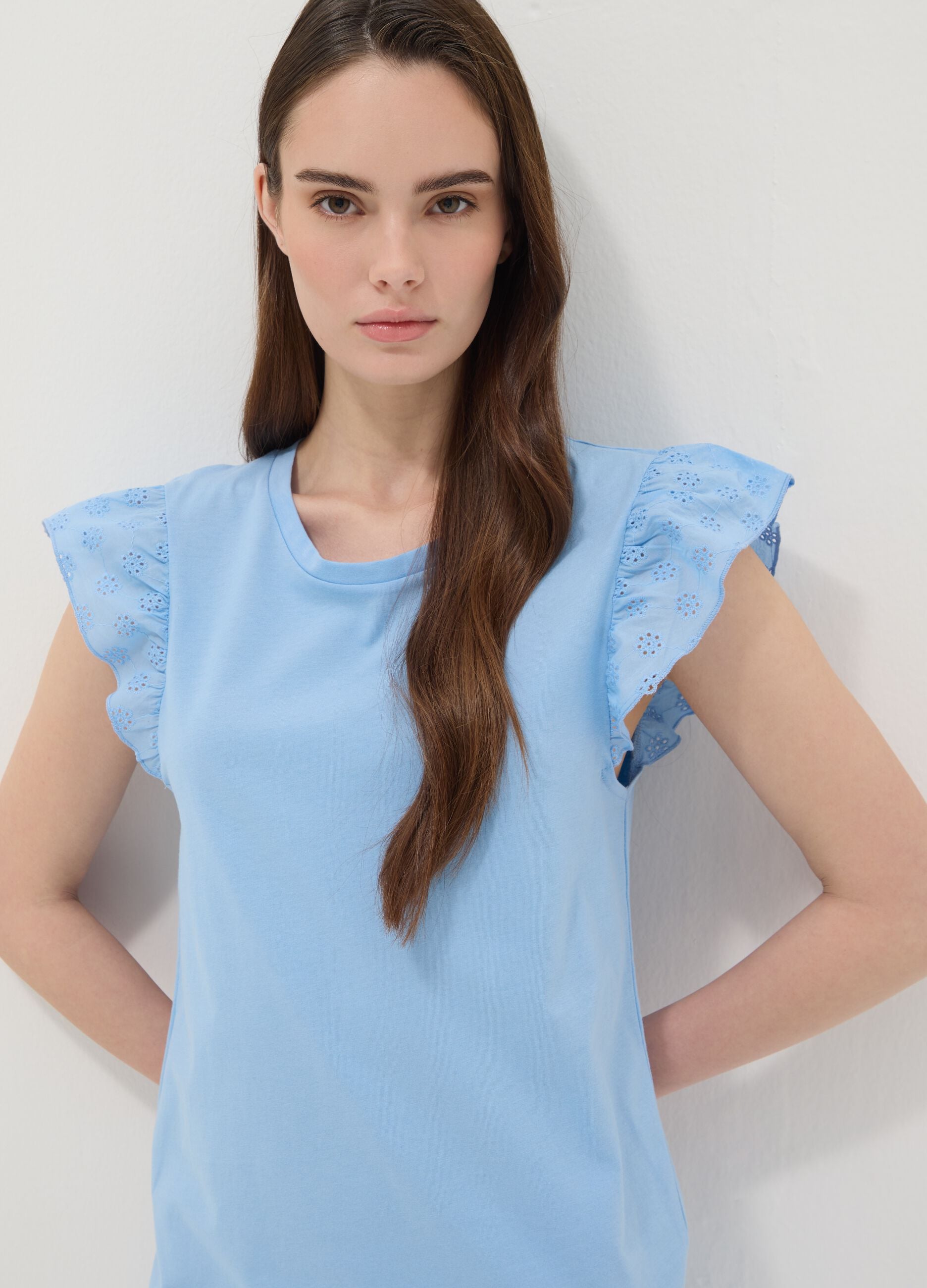 Sky-blue pure cotton nightdress with ruffle trim