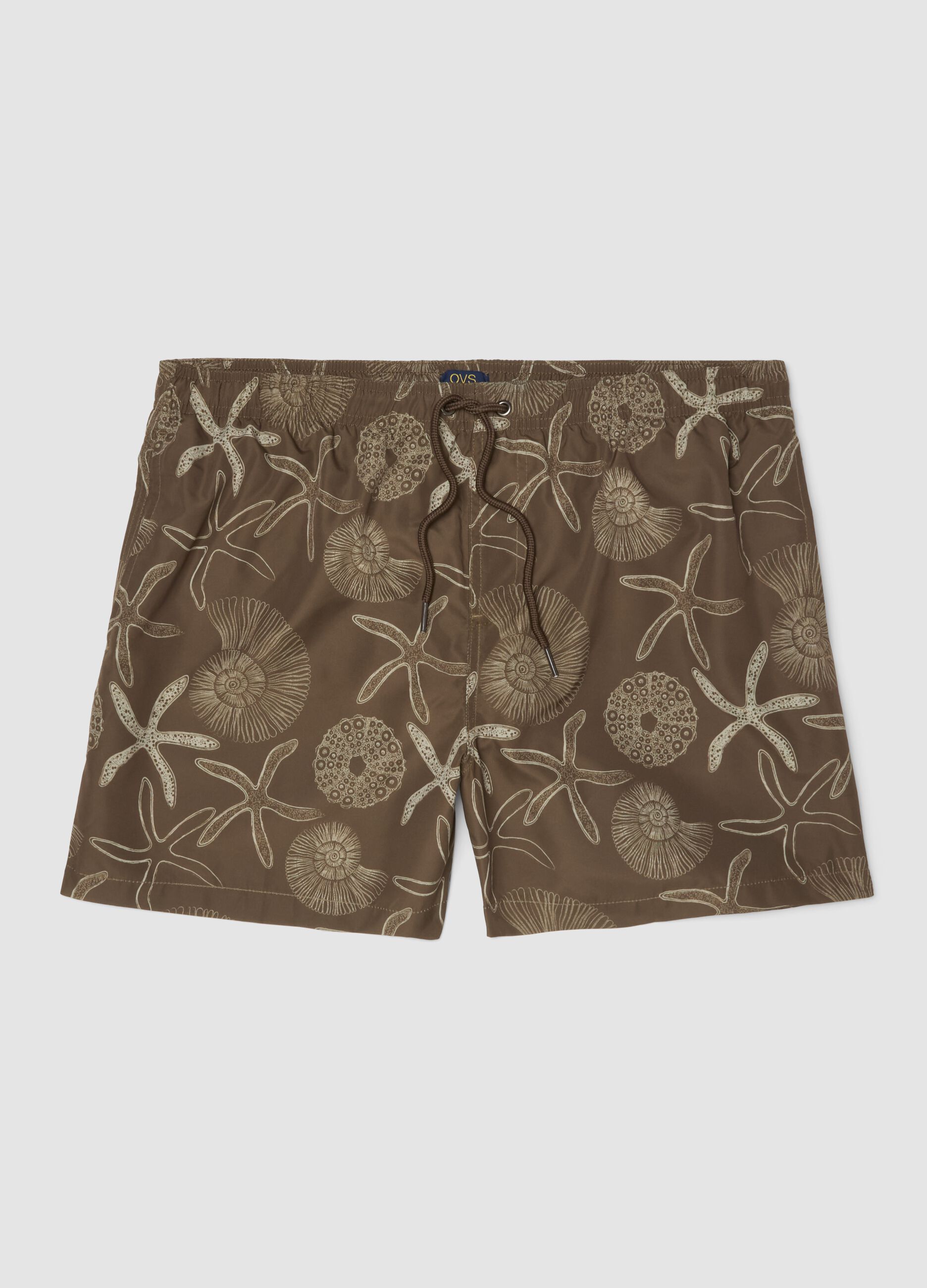 Brown swim shorts with seashell and starfish print