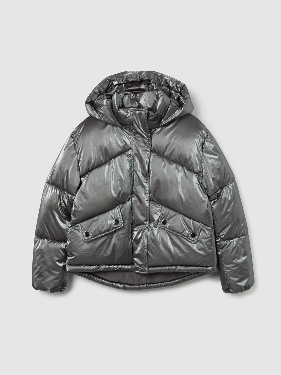 Grey padded regular fit girl's jacket with hood and zip_3