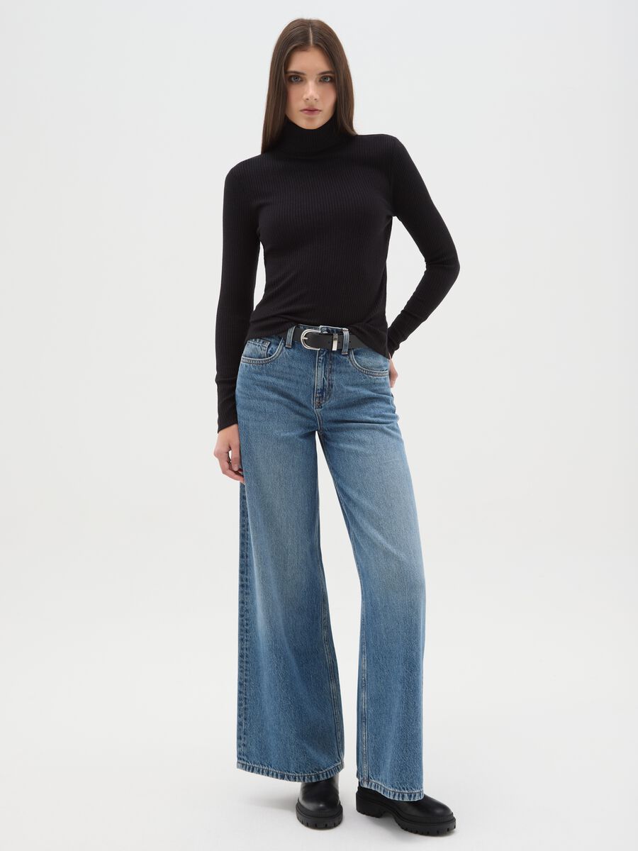 Maglia girocollo con maniche lunghe a righe nera regular fit_1