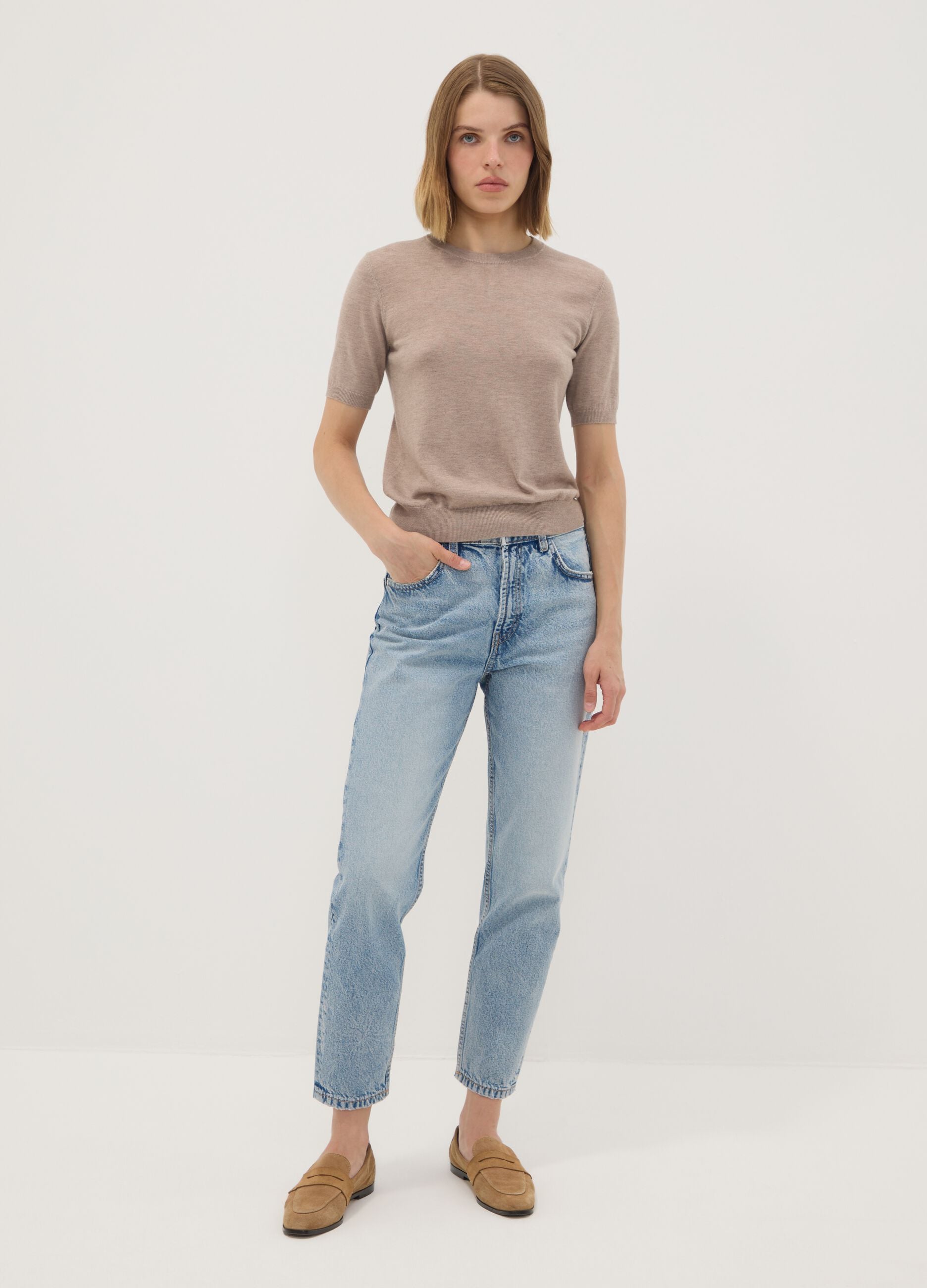 Beige short-sleeve crew-neck wool-blend jumper, regular fit