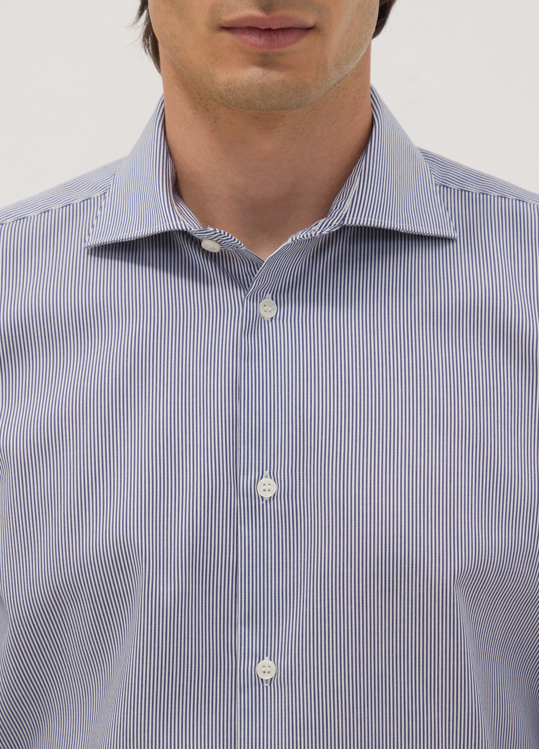 Blue pure cotton striped shirt with French collar, slim fit, non-iron