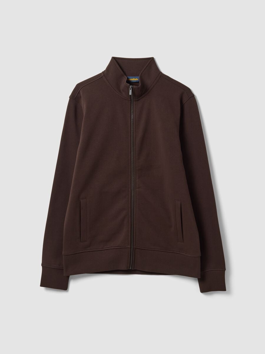 Felpa marrone in misto cotone con girocollo e zip regular fit_0
