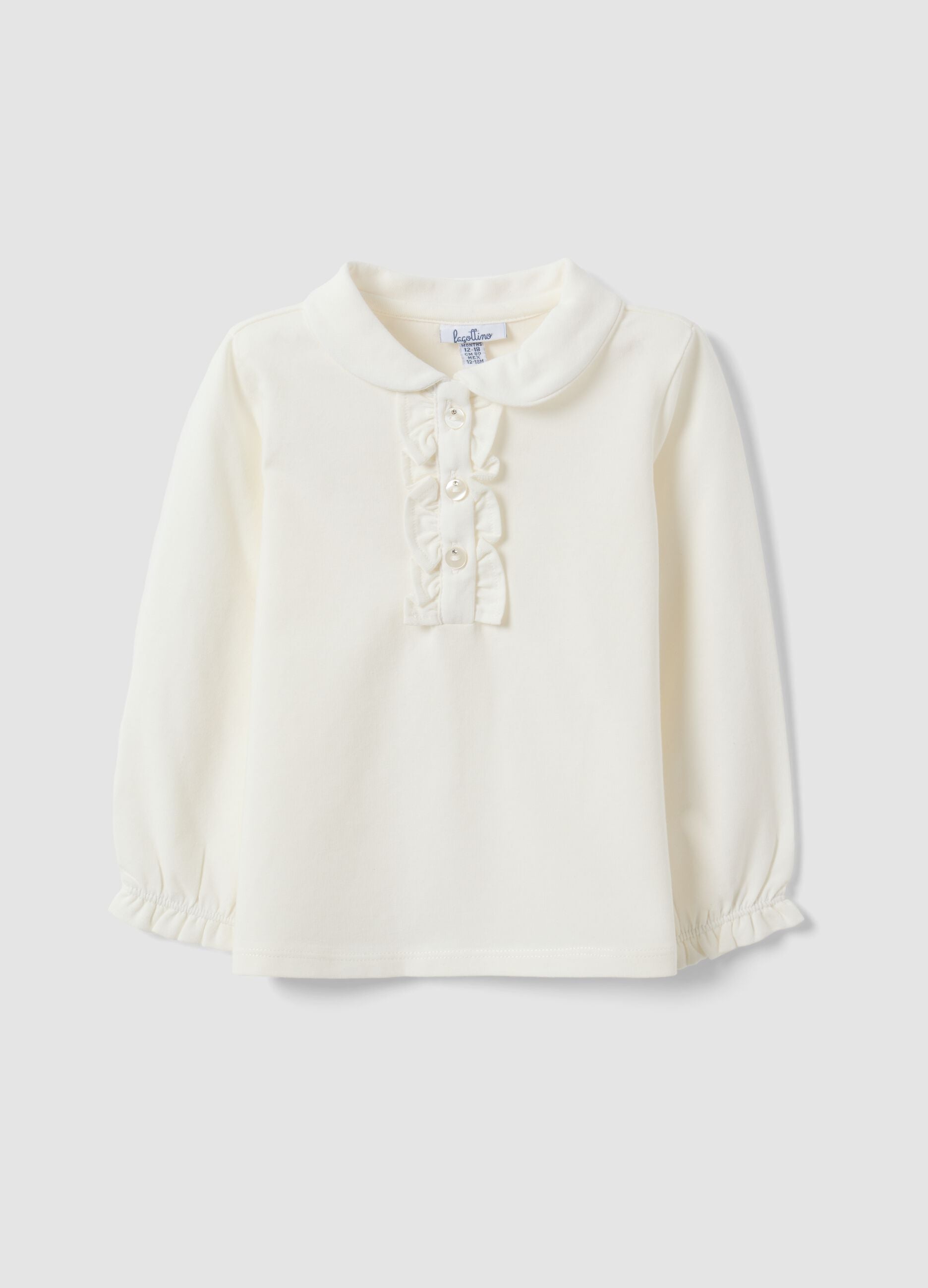 White organic stretch cotton polo shirt with collar for baby girl