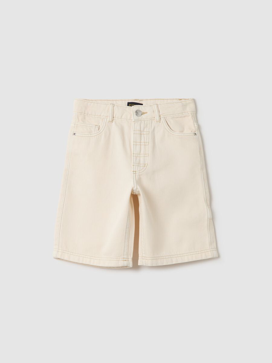 Beige Bermuda shorts in drill with five pockets_0
