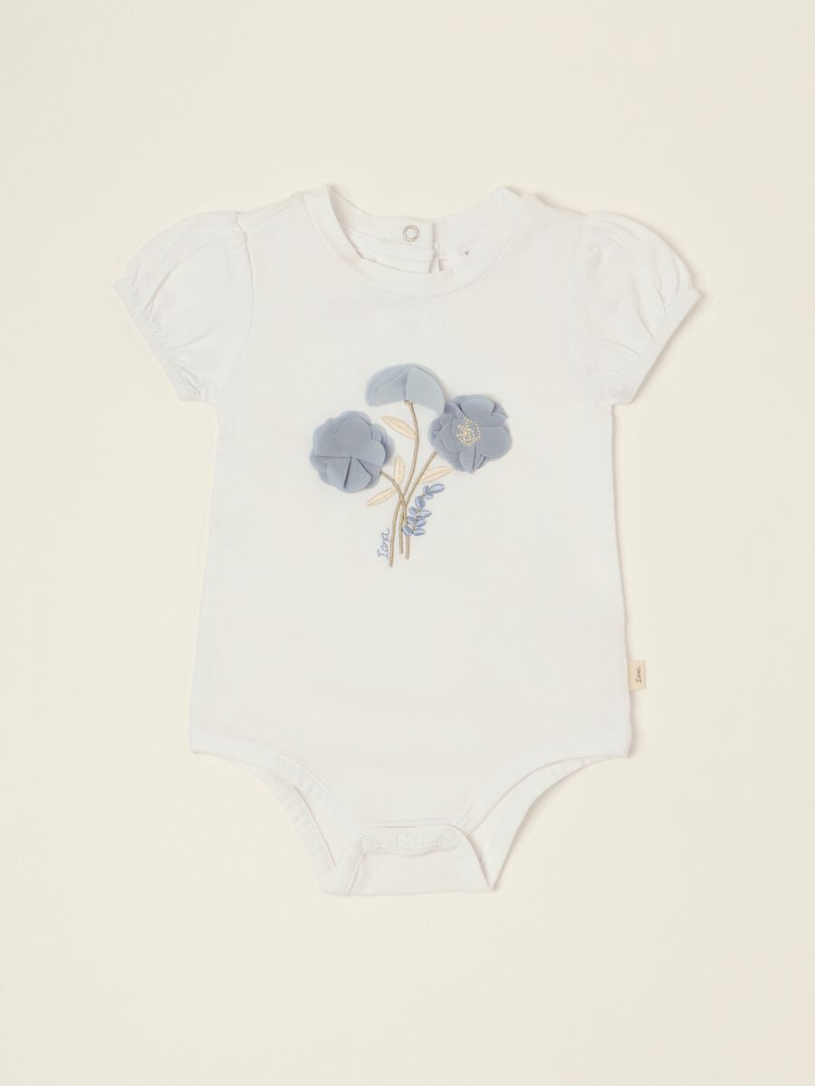 White baby girl bodysuit with floral details in stretch cotton_0