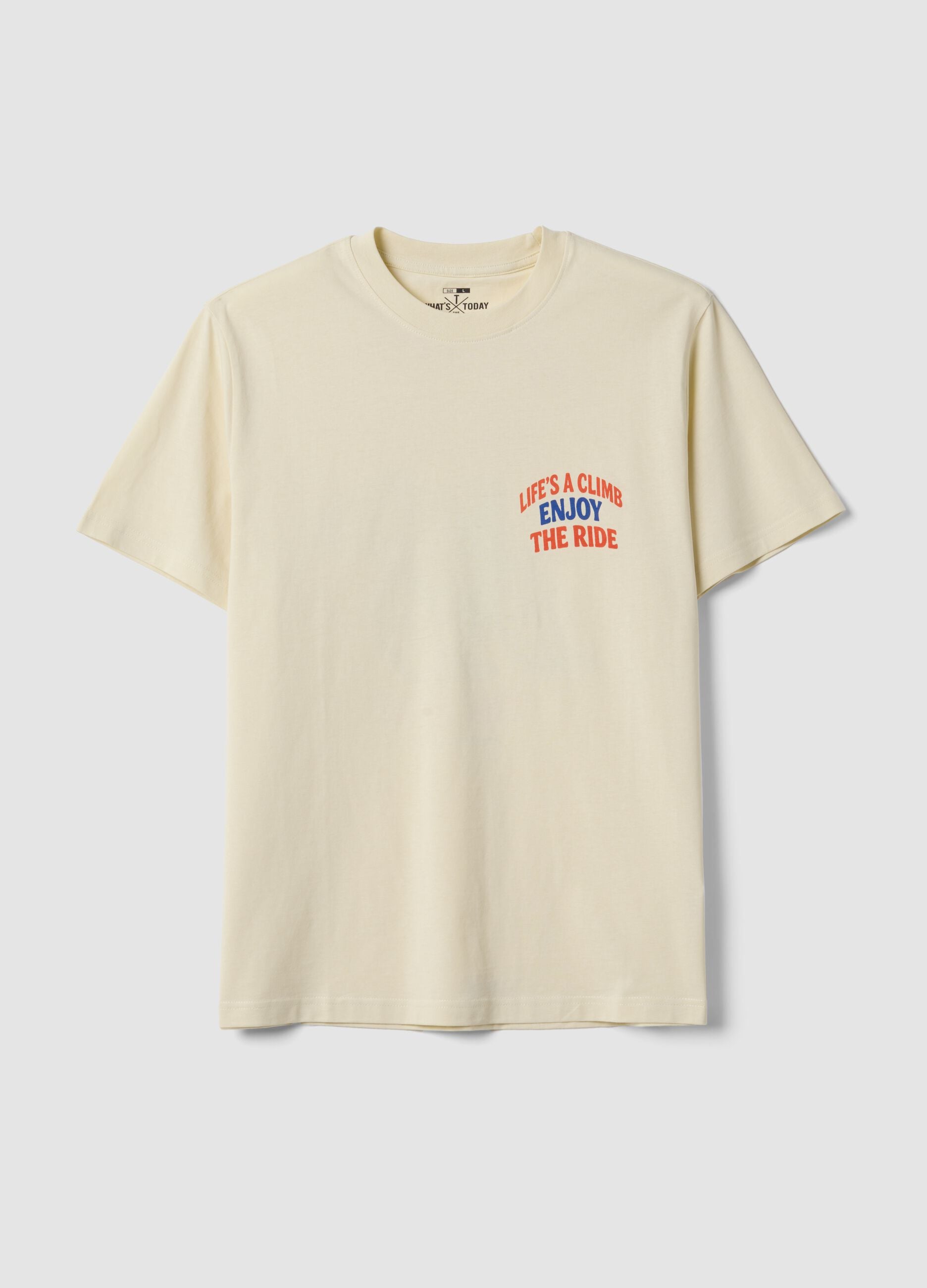 Beige pure cotton jersey T-shirt with slogan, regular fit