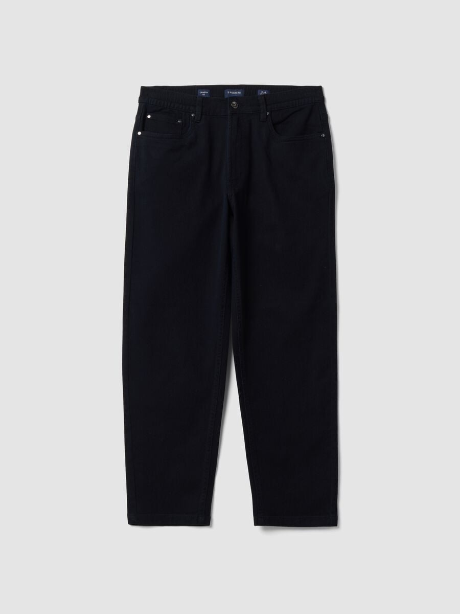 Pantaloni straight neri in twill di cotone elasticizzato_0