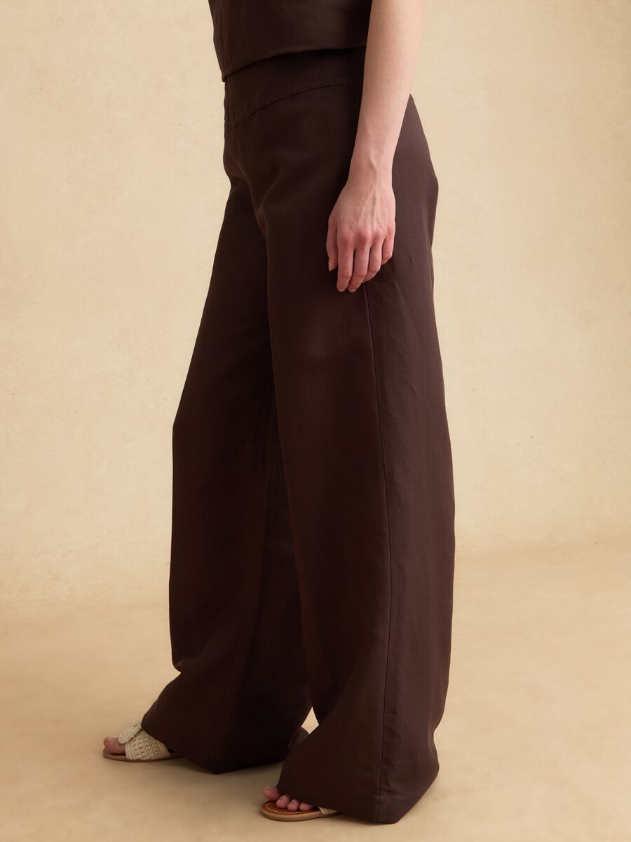 Brown linen-viscose blend wide-leg trousers with side zip fastening_3