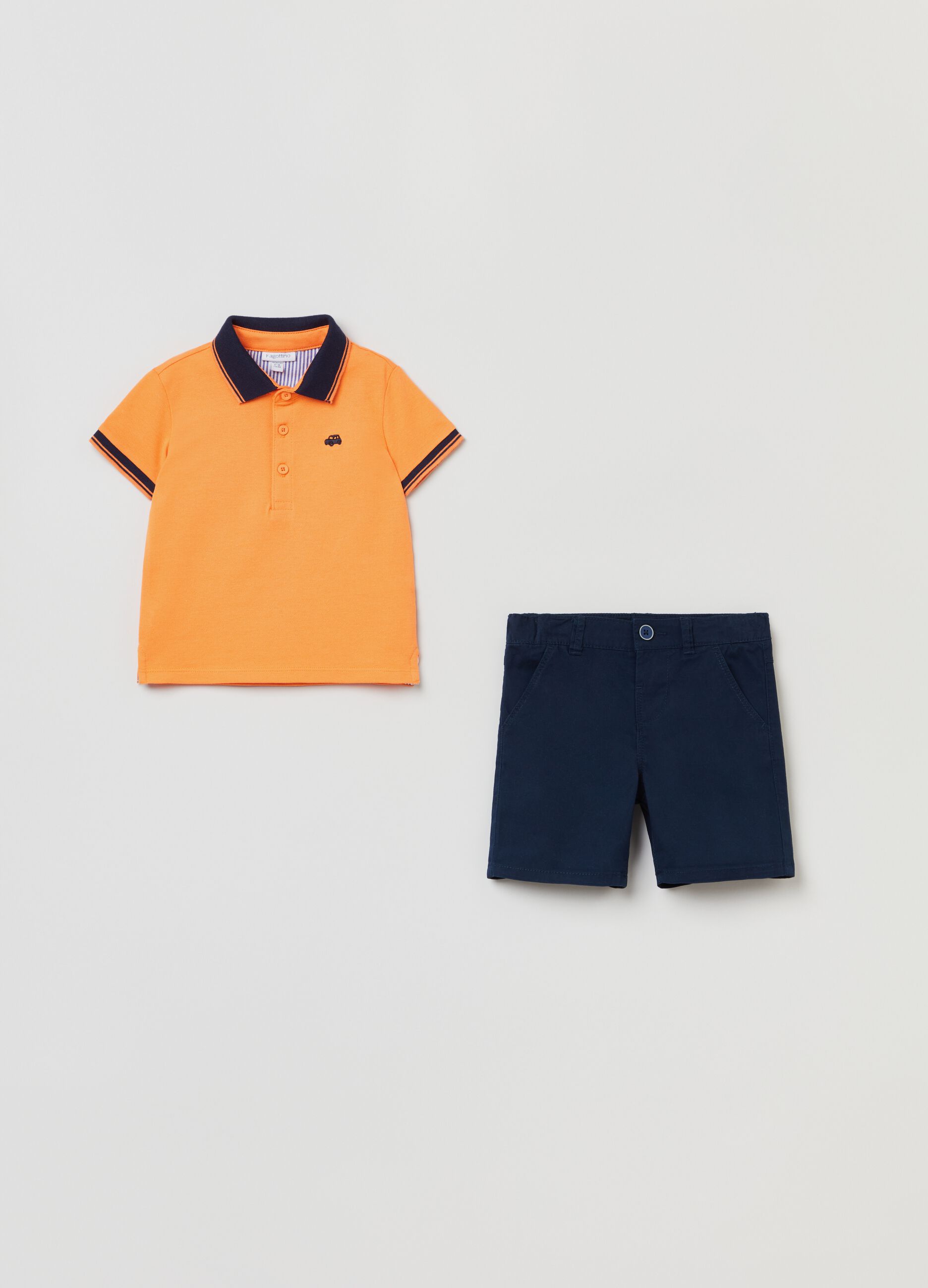 Piquet polo shirt and solid colour Bermuda shorts set
